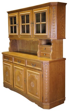 Mid-Century Carved Floral Oak Kitchen Cupboard China Hutch Buffet Cabinet