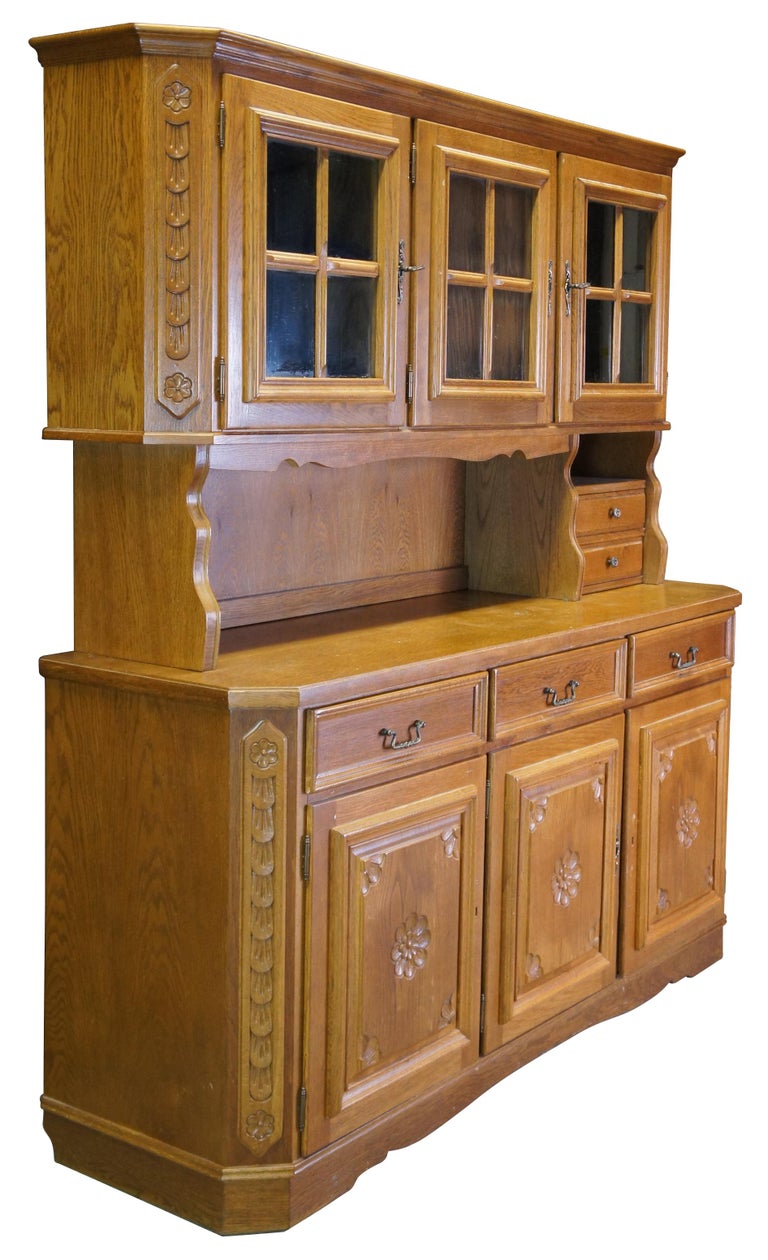 Mid-Century Modern Mid-Century Carved Floral Oak Kitchen Cupboard China Hutch Buffet Cabinet For Sale