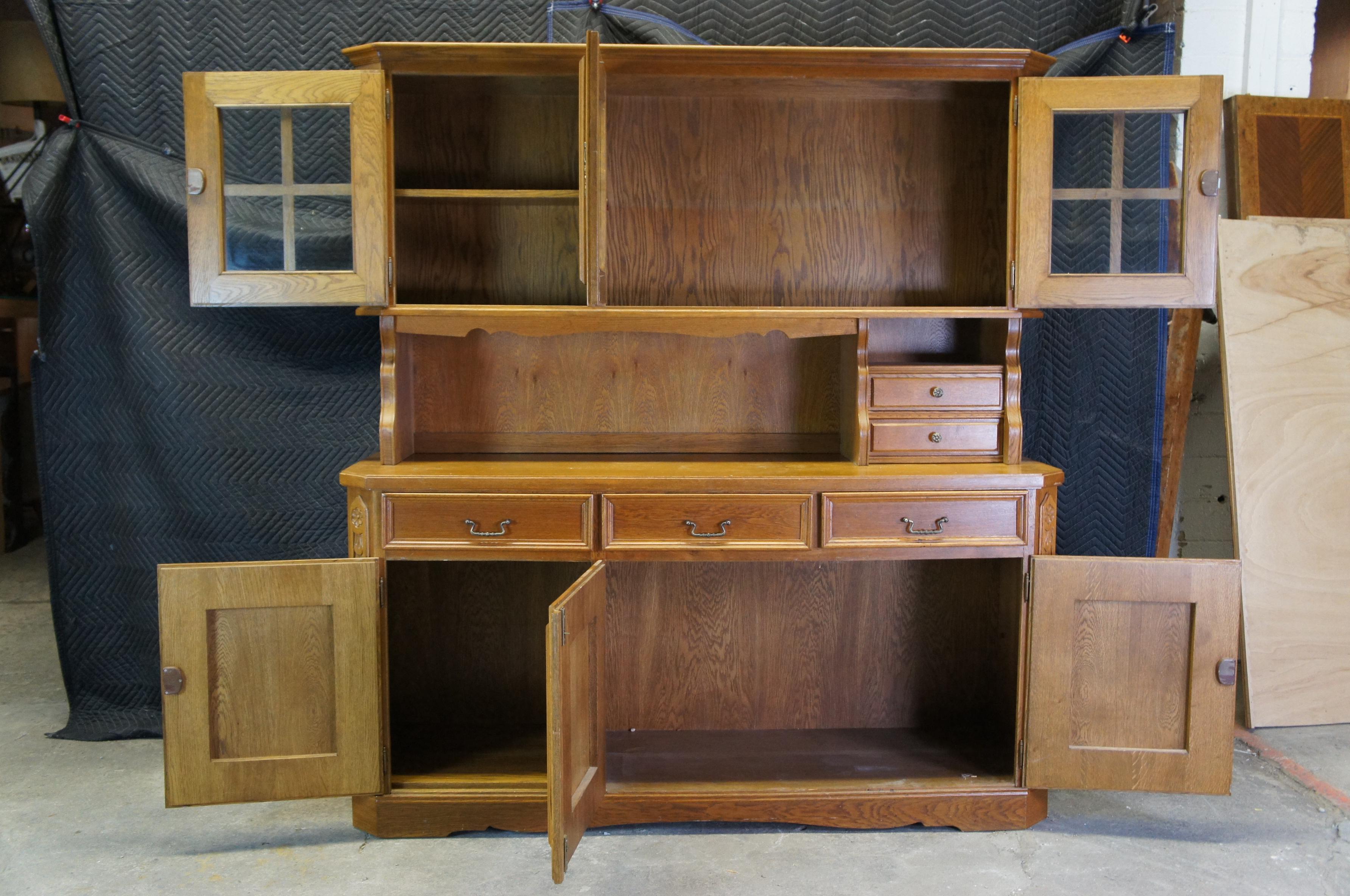Mid-Century Modern Mid-Century Carved Floral Oak Kitchen Cupboard China Hutch Buffet Cabinet