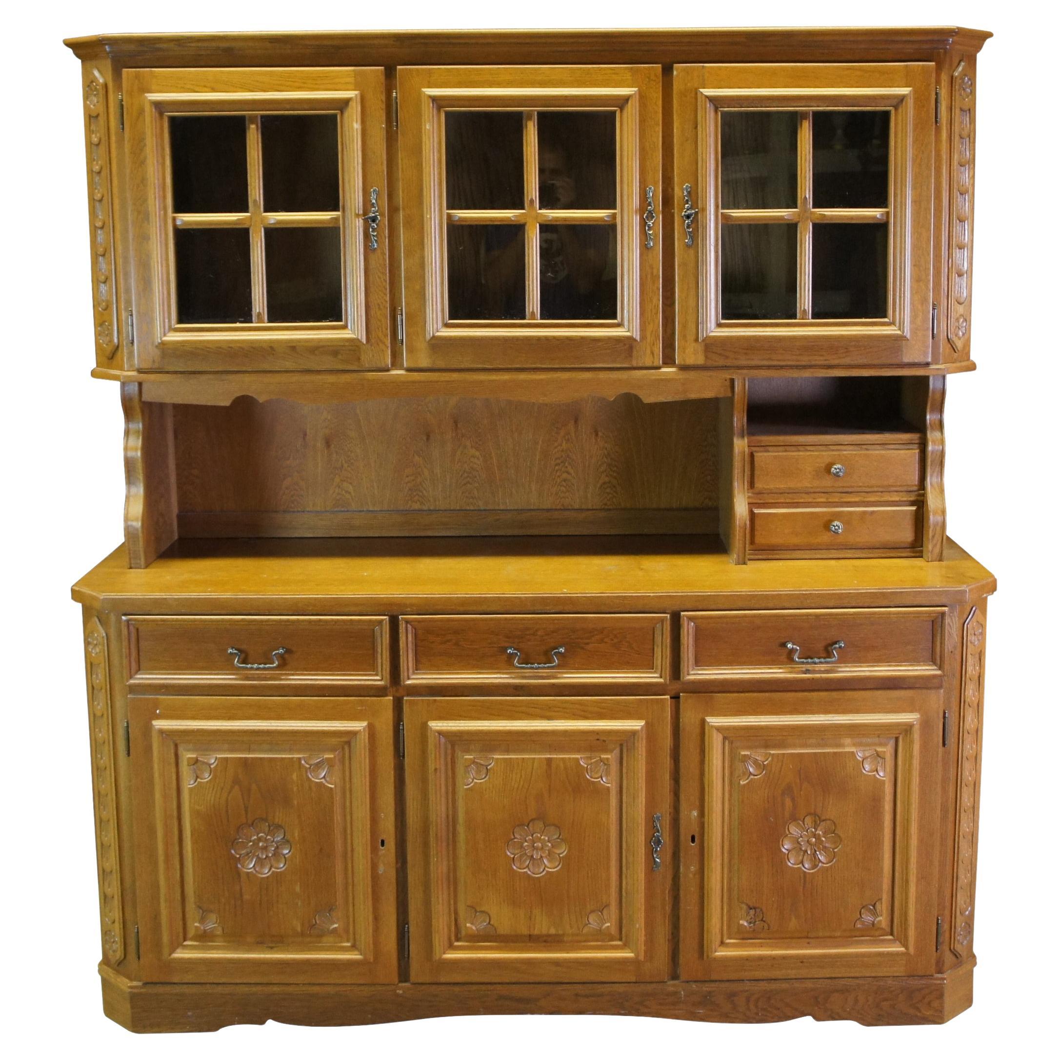 Mid-Century Carved Floral Oak Kitchen Cupboard China Hutch Buffet Cabinet
