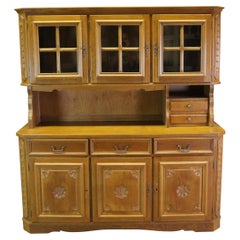 Vintage Mid-Century Carved Floral Oak Kitchen Cupboard China Hutch Buffet Cabinet