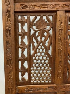 Mid-Century Carved Folding Four Panel Room Divider Screen
