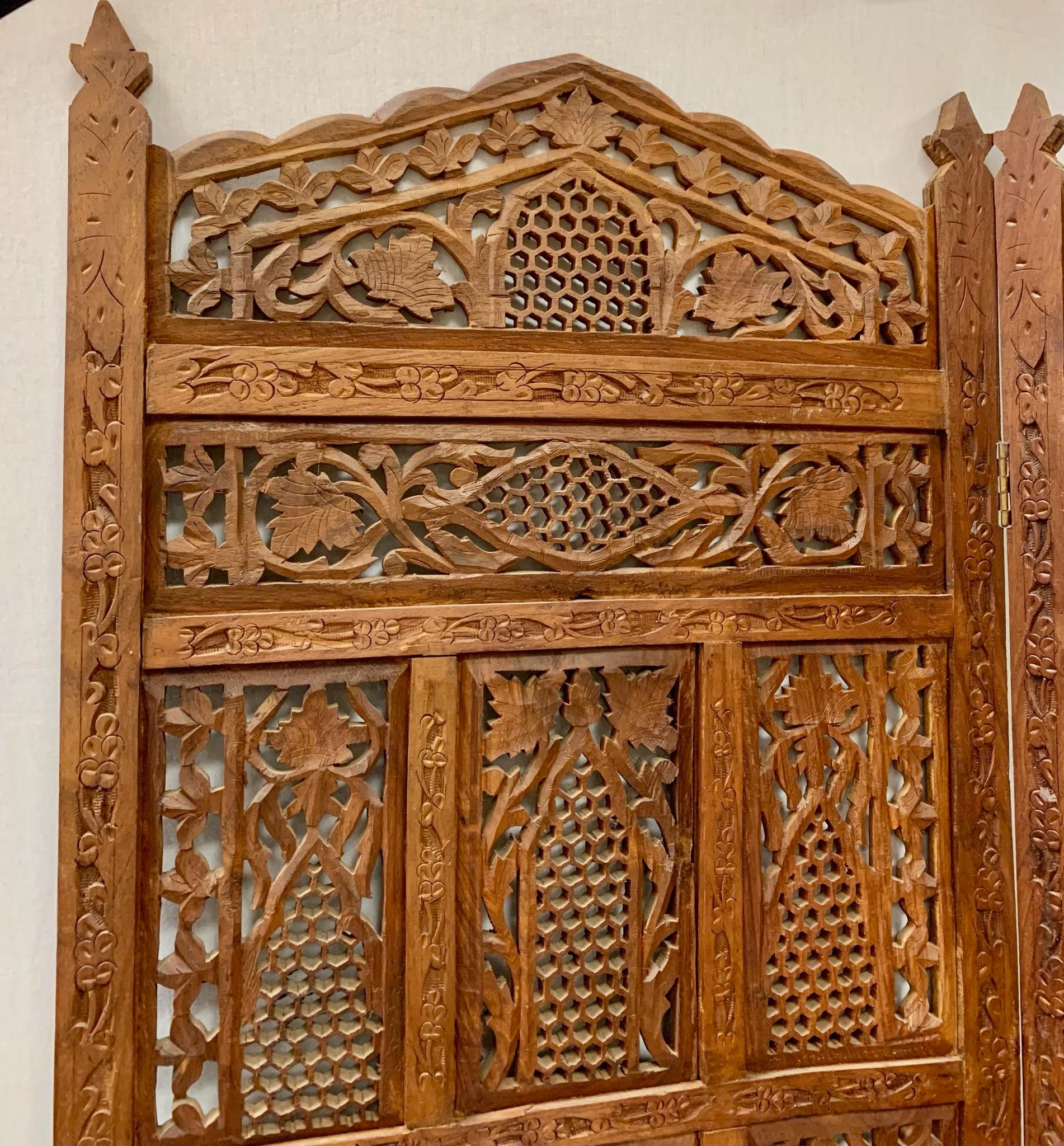Anglo-Indian Mid-Century Carved Folding Four Panel Room Divider Screen