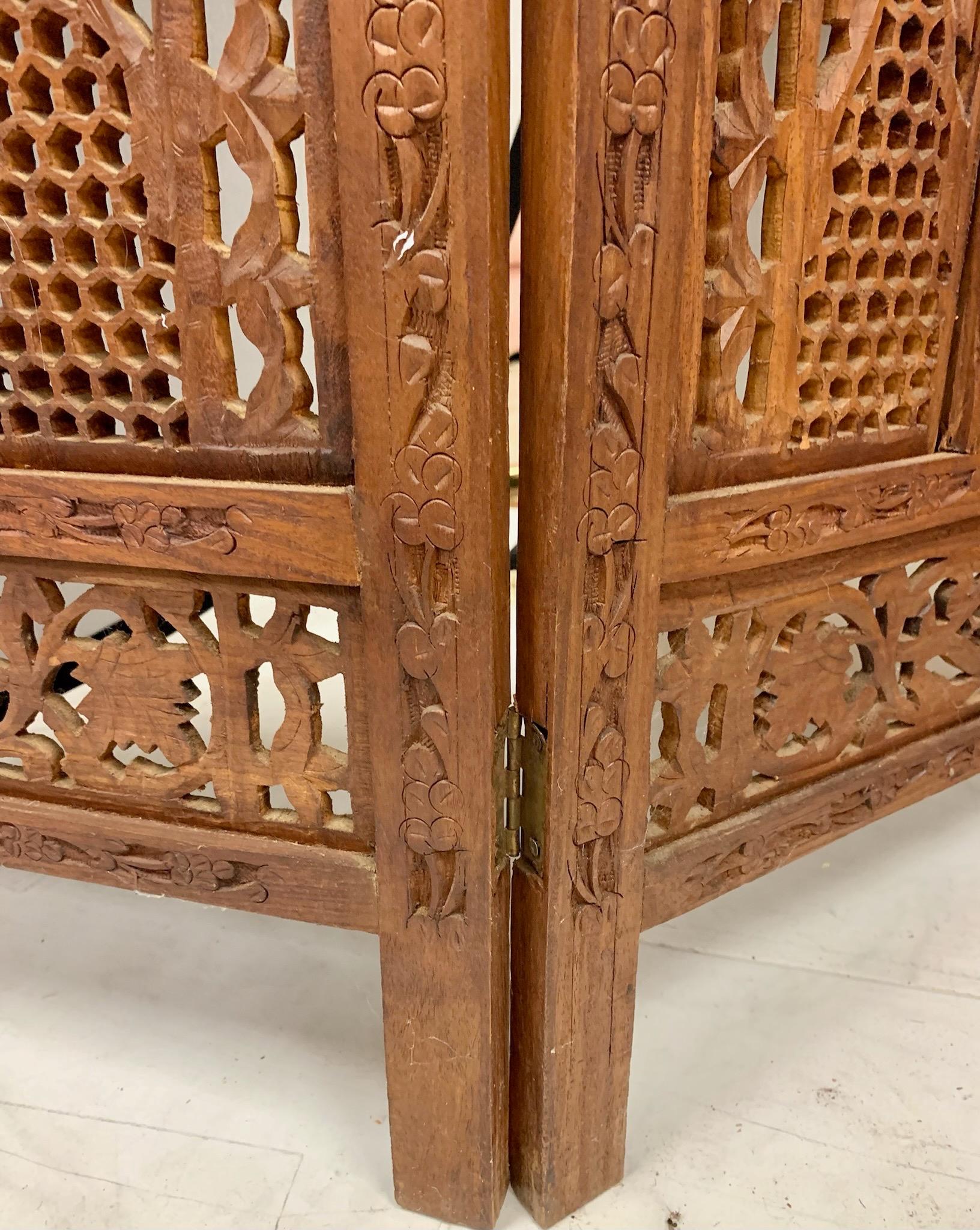 20th Century Mid-Century Carved Folding Four Panel Room Divider Screen