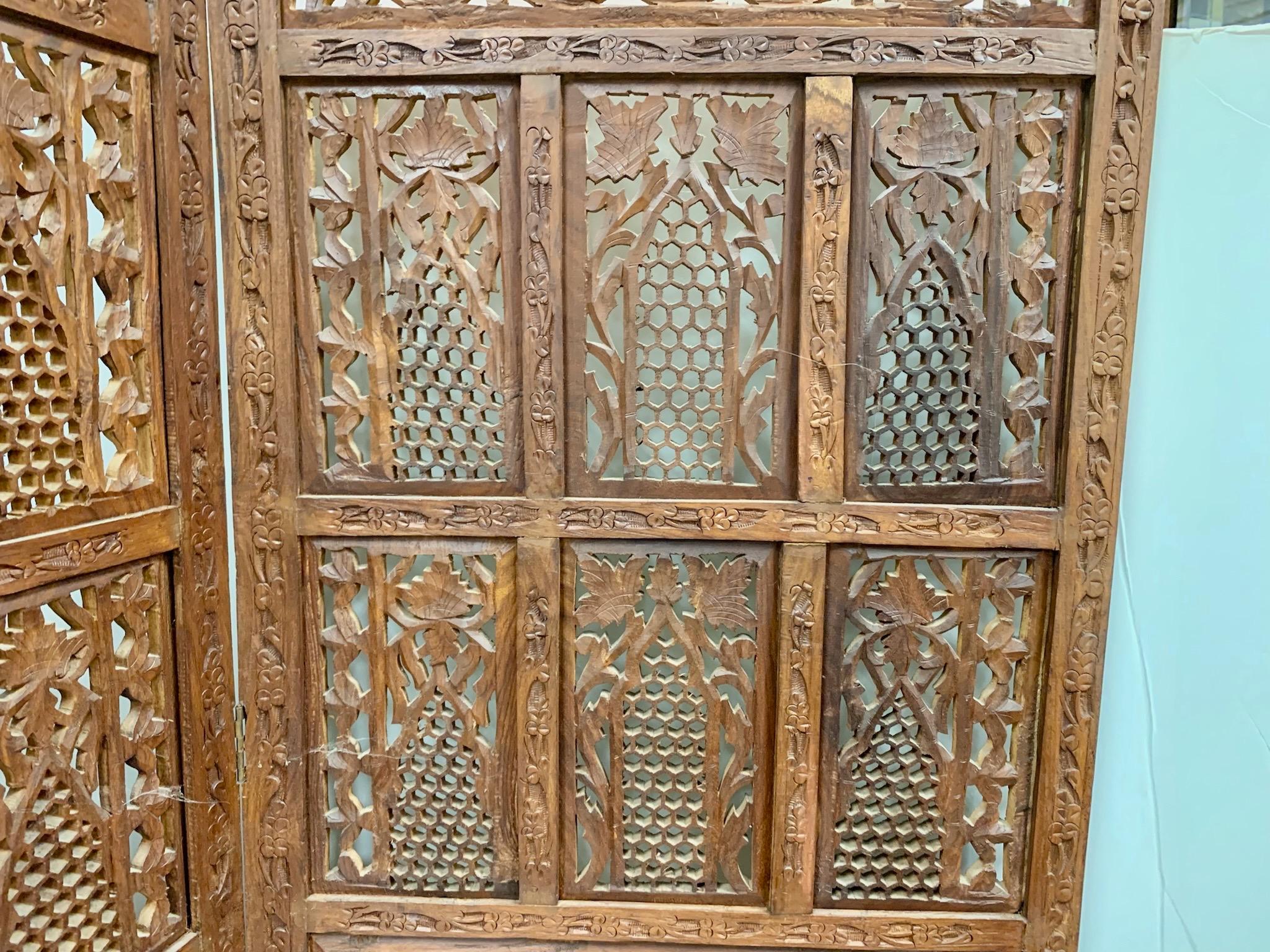 Teak Mid-Century Carved Folding Four Panel Room Divider Screen