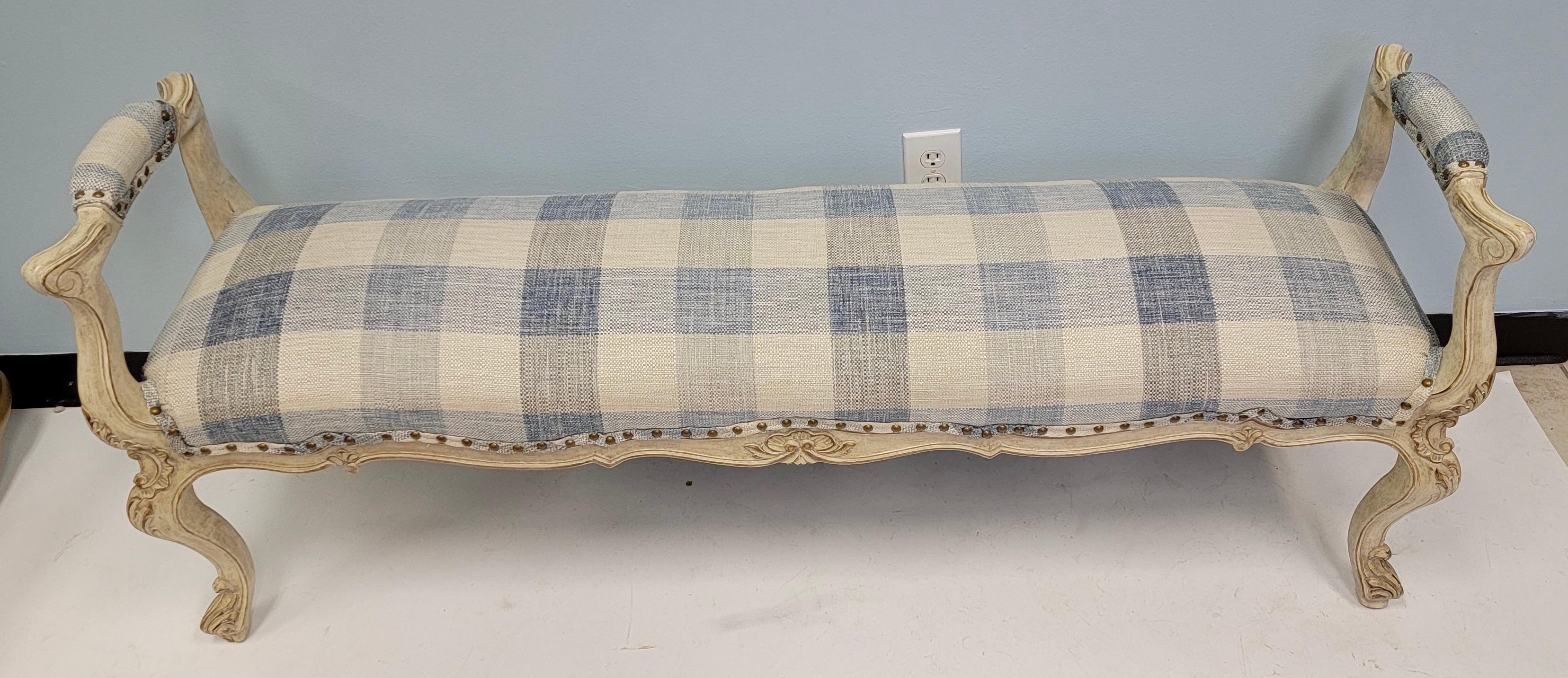 French Provincial Mid-Century Carved French Style Blue and White Bench