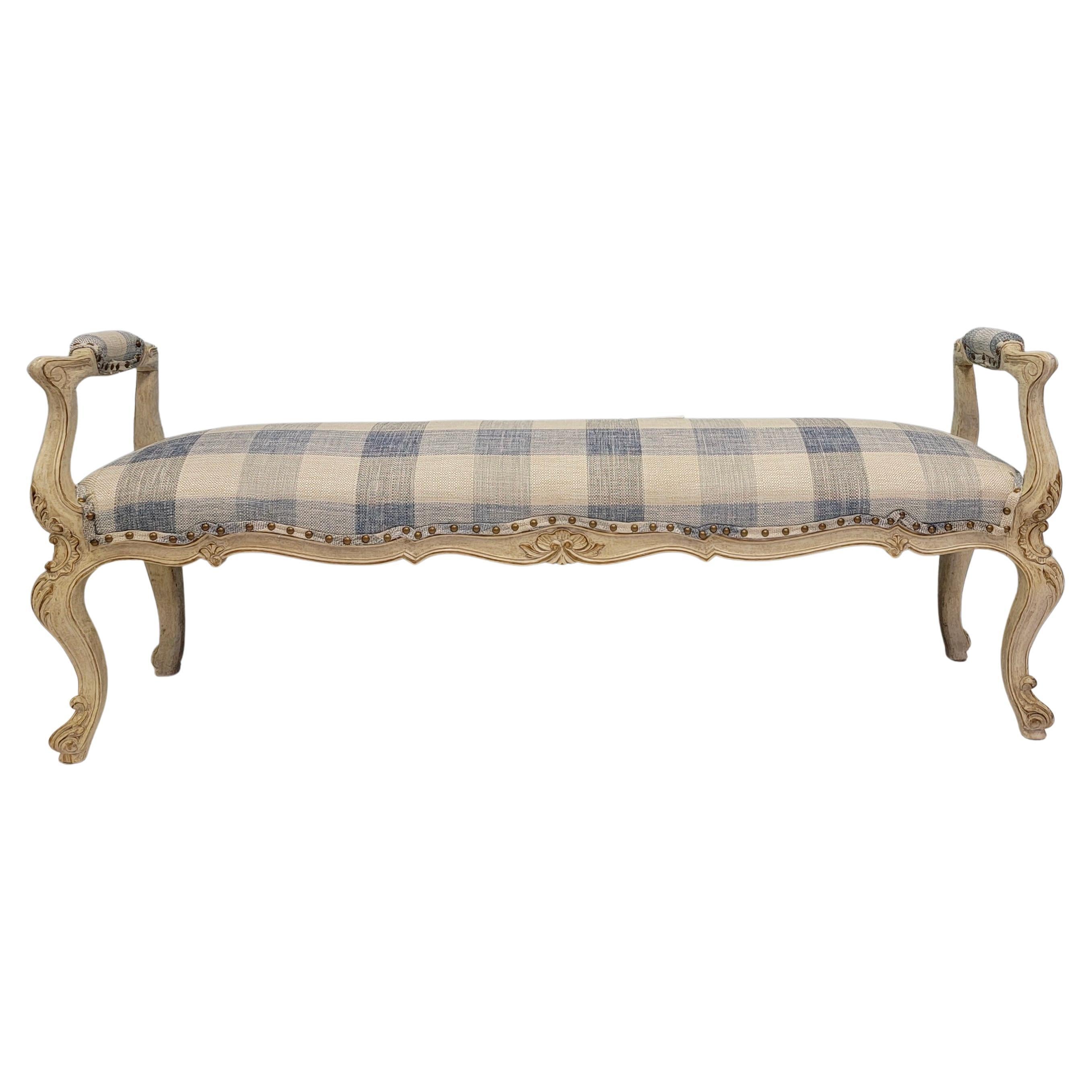 Mid-Century Carved French Style Blue and White Upholstered Bench 2 Available
