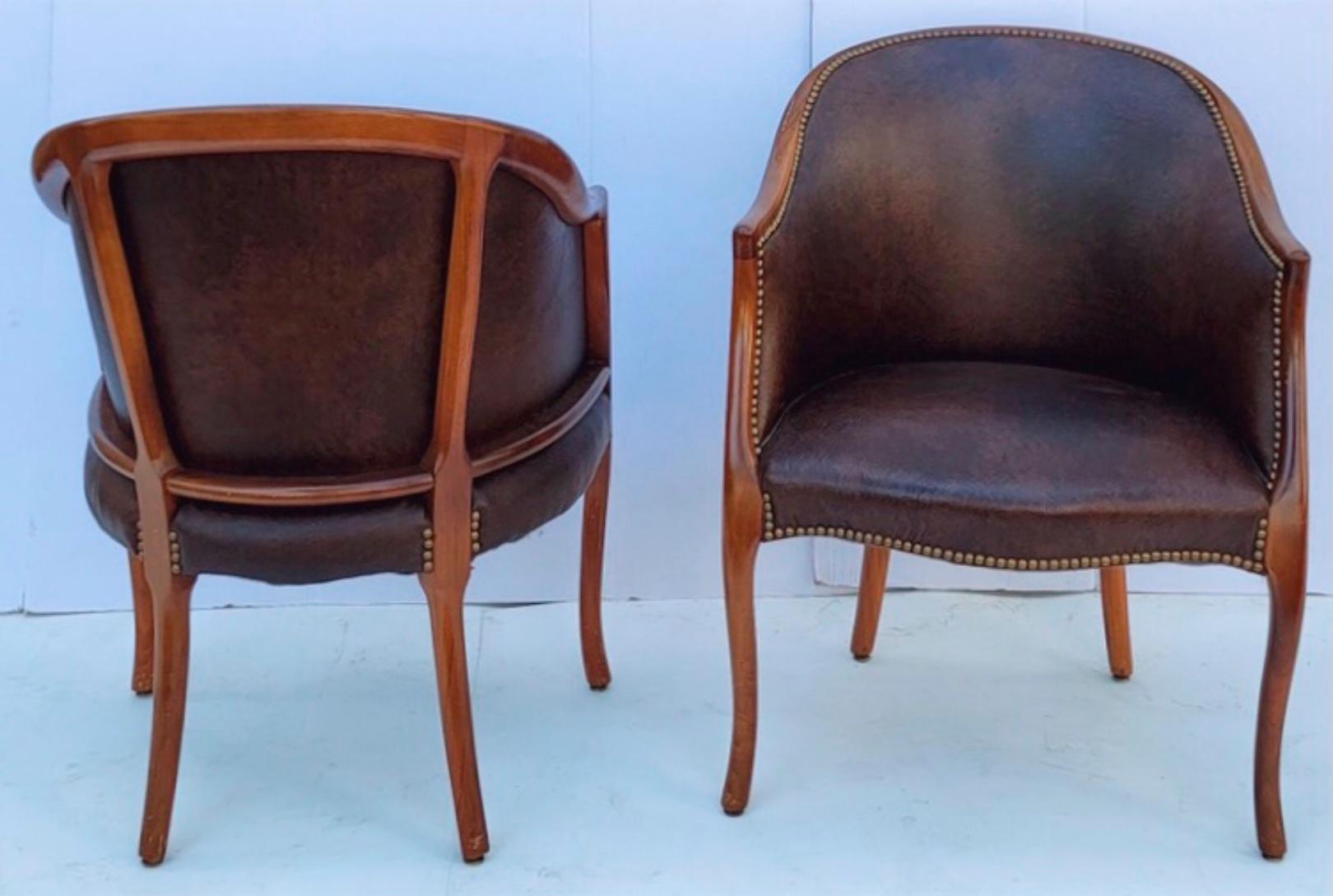 American Classical Mid-Century Carved Fruitwood and Leather Club Chairs by Baker Furniture
