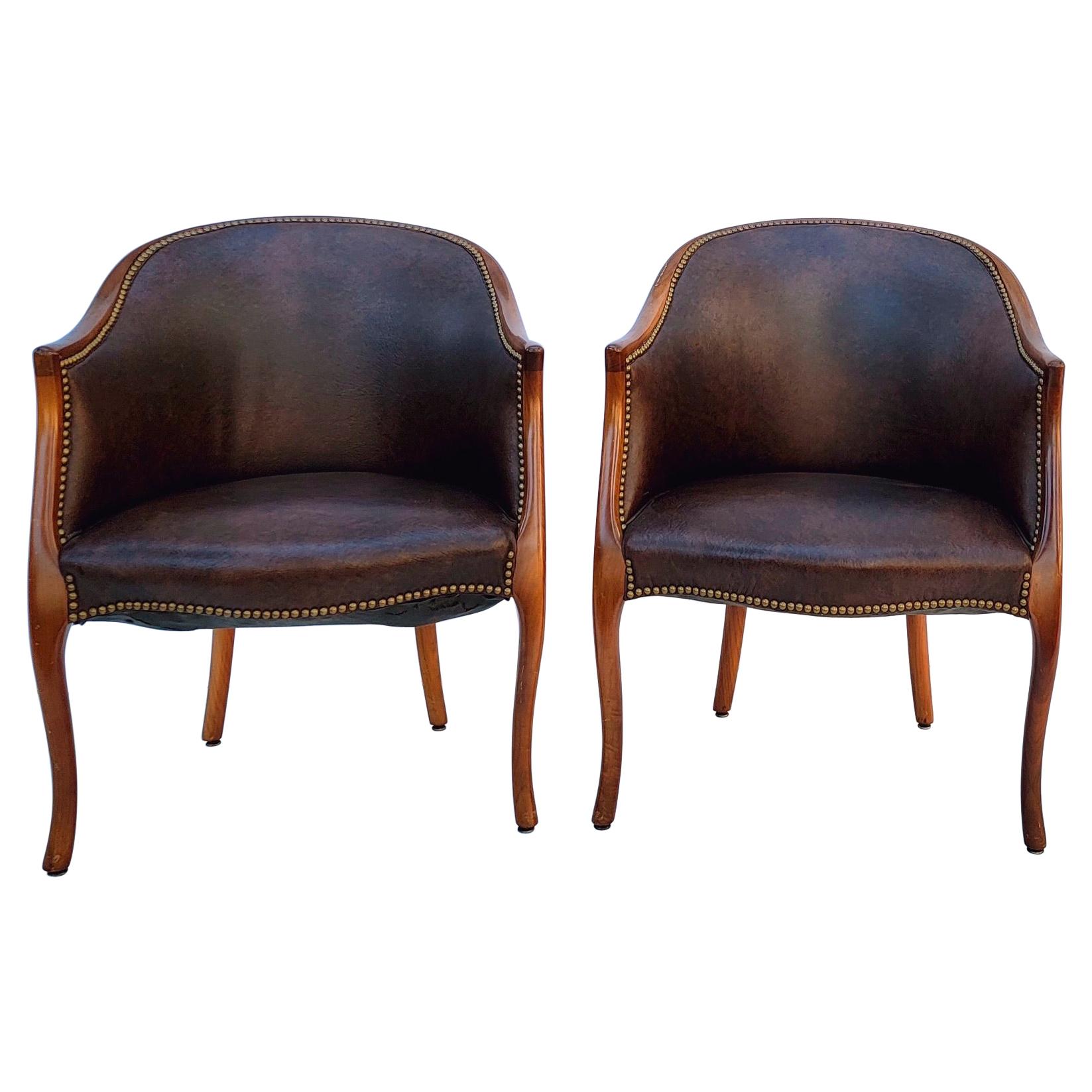 Mid-Century Carved Fruitwood and Leather Club Chairs by Baker Furniture
