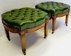 Mid-Century Carved Fruitwood Console Table and 2 Chesterfield Leather Ottomans