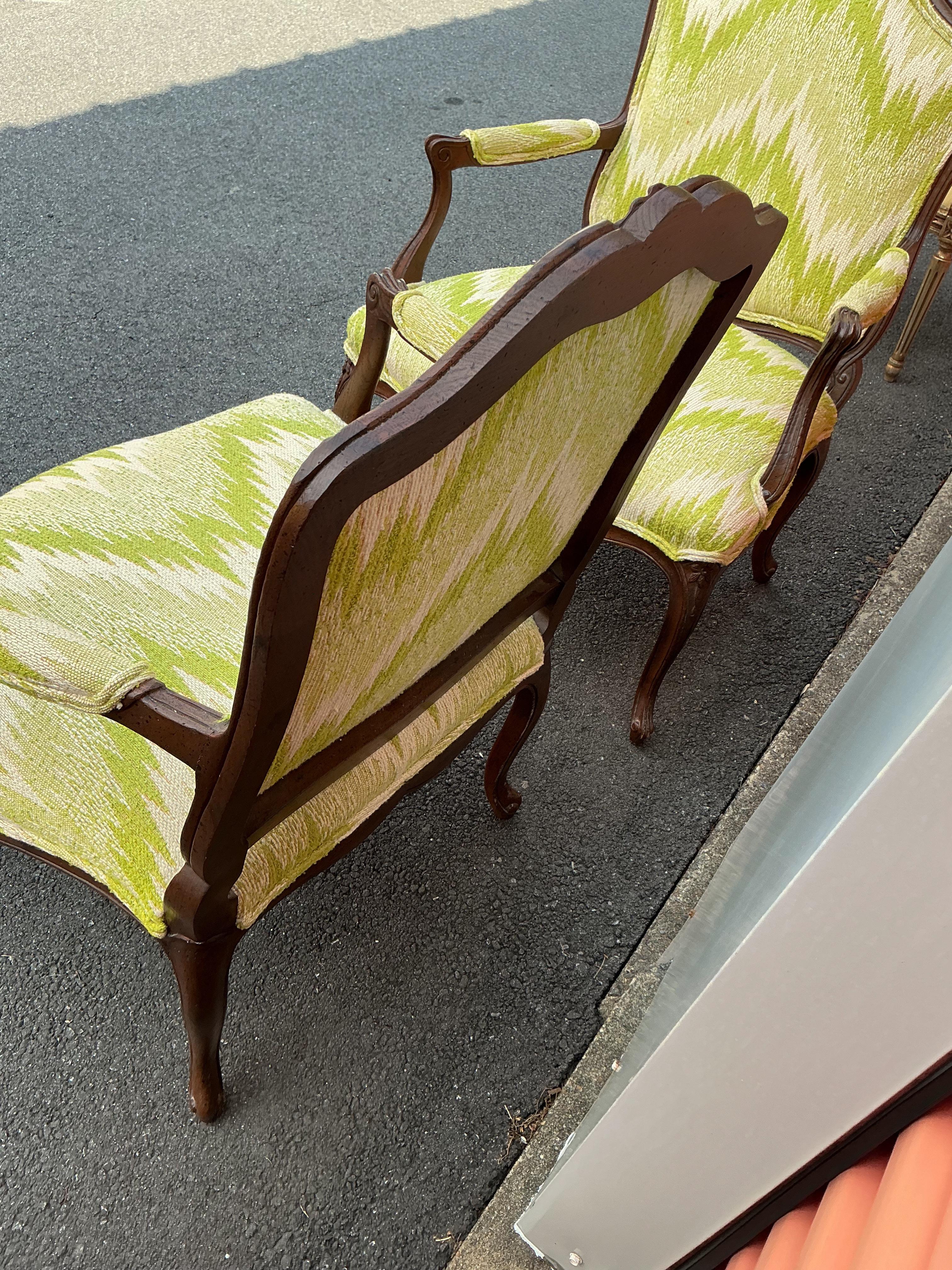 Upholstery Mid-Century Carved Fruitwood French Louis XIV Style Bergere Chairs -Pair For Sale