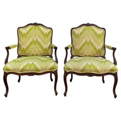 Mid-Century Carved Fruitwood French Louis XIV Style Bergere Chairs -Pair