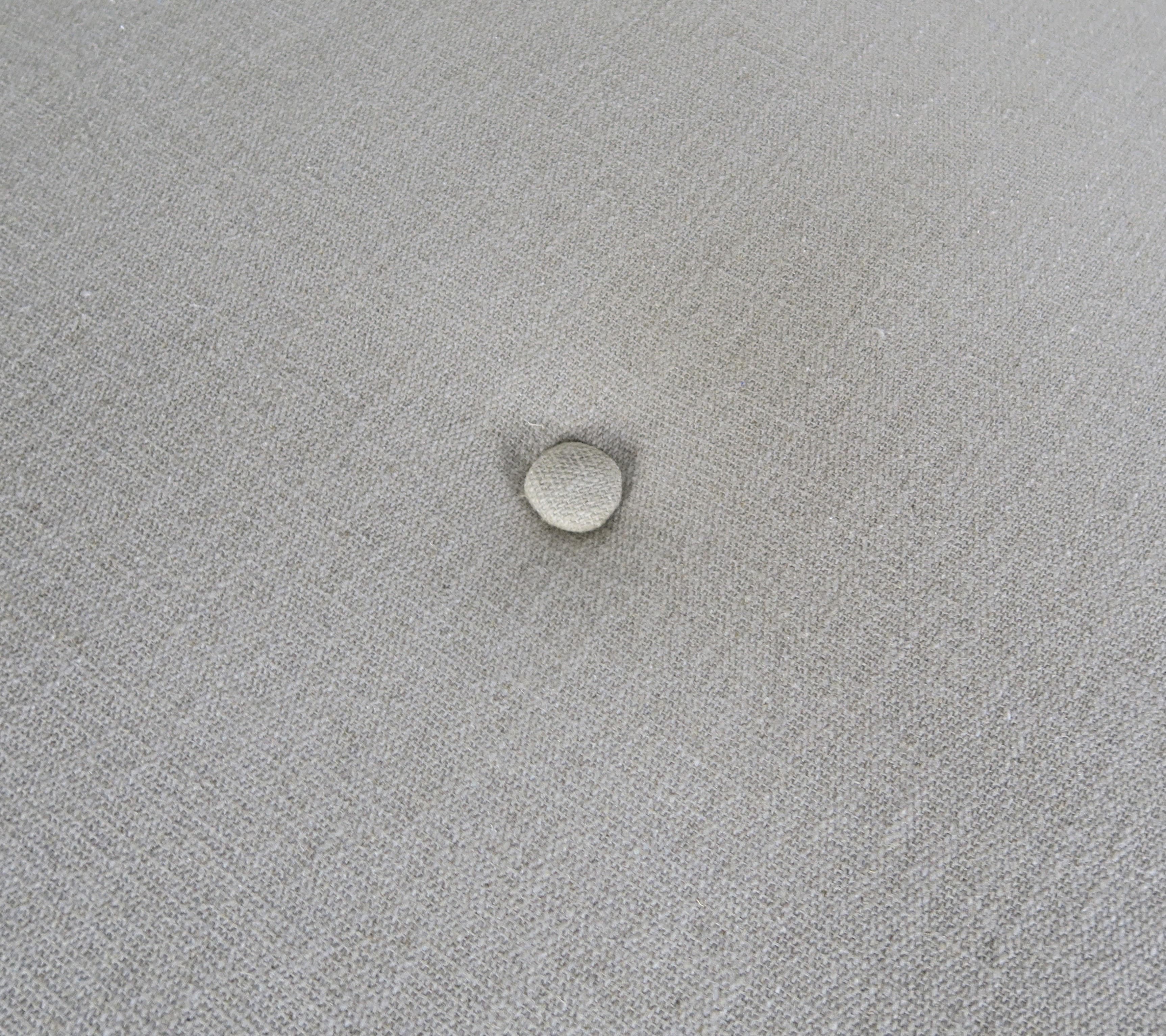 Midcentury Carved Greek Key Round Linen Ottoman In Distressed Condition In Los Angeles, CA