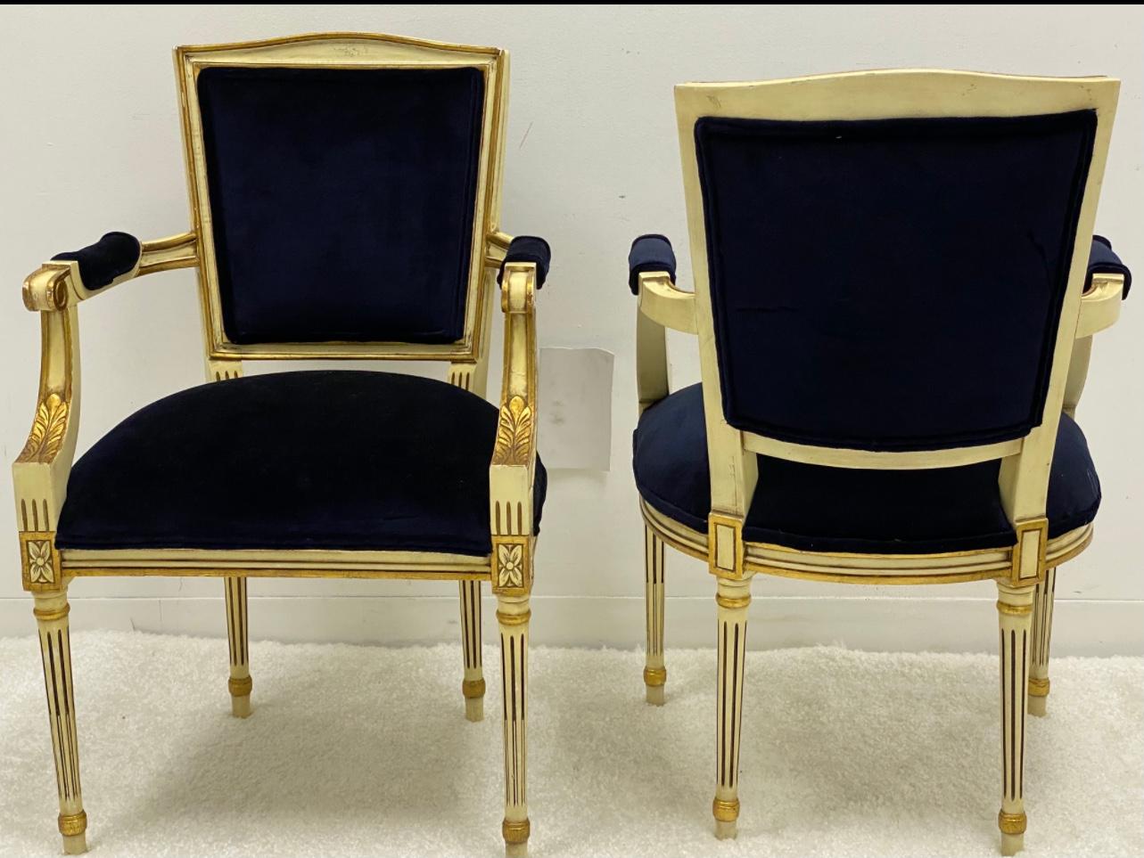 Neoclassical Mid-Century Carved Italian Neo-Classical Style Arm Chairs in Navy Velvet -Pair