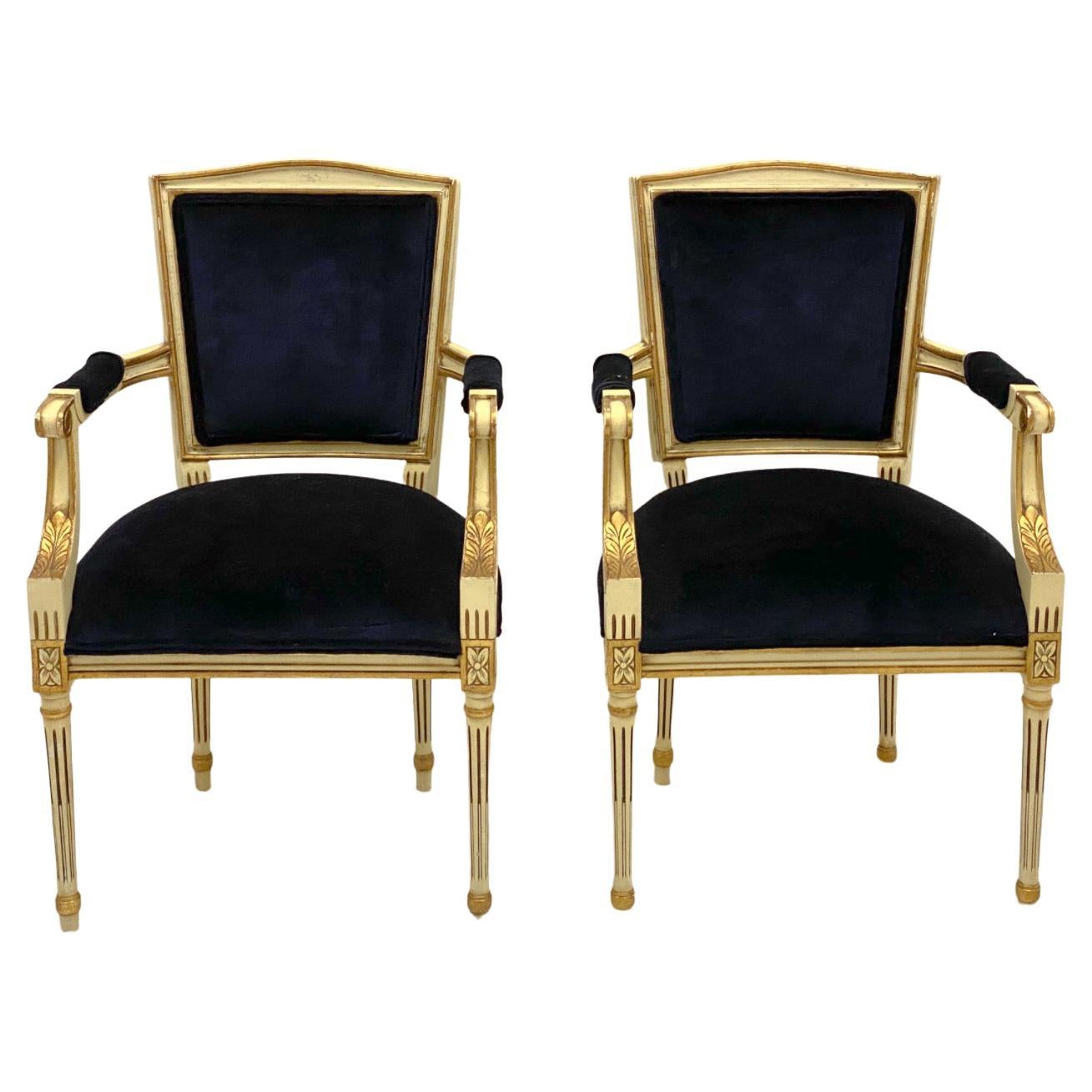 Mid-Century Carved Italian Neo-Classical Style Arm Chairs in Navy Velvet -Pair