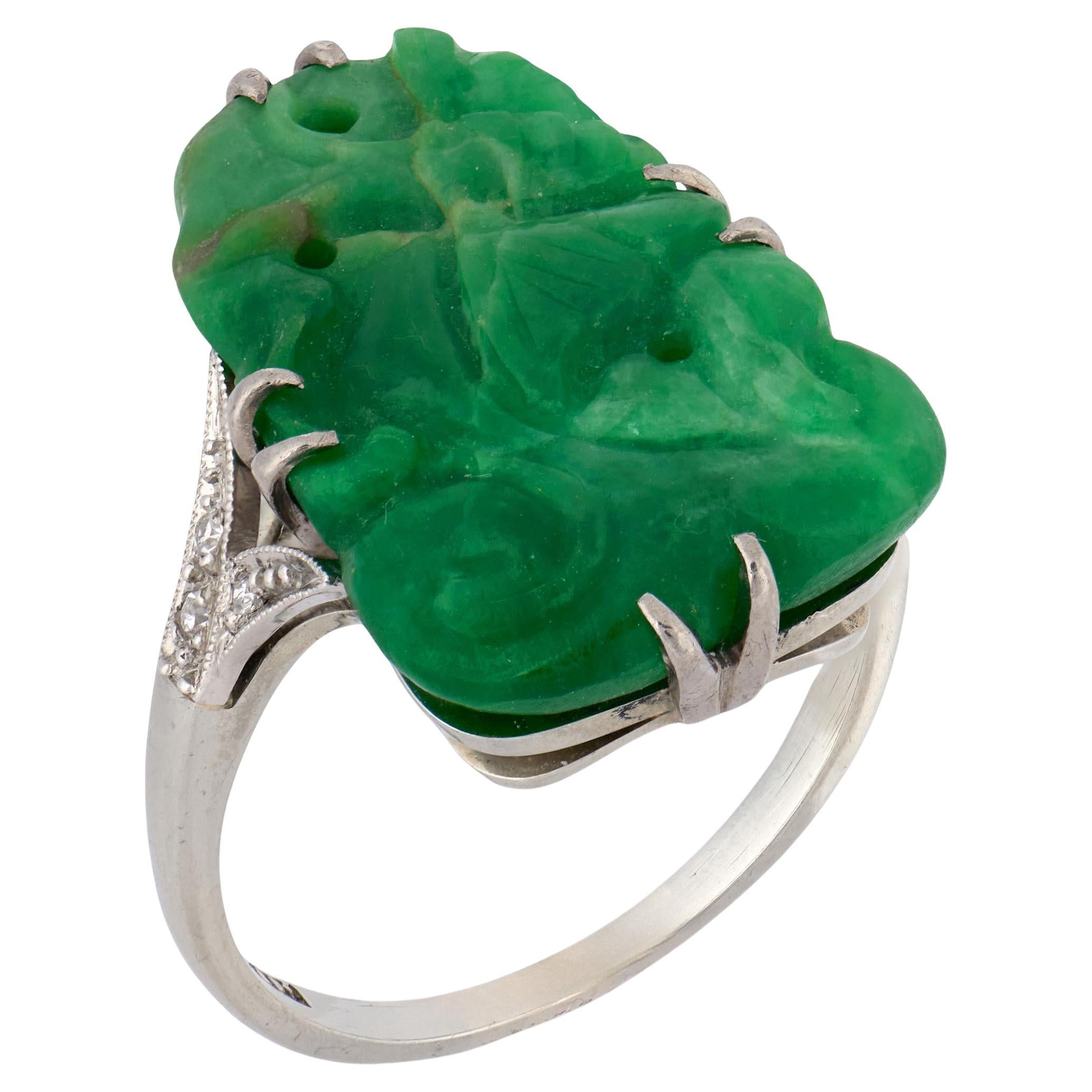 Mid Century carved jade diamond platinum ring