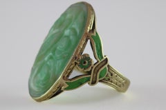 Mid-Century Carved Jadeite and Green Enamel Cocktail Ring
