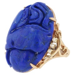 Mid Century Carved Lapis Lazuli & Diamond 14k Gold Dragon Cocktail Ring