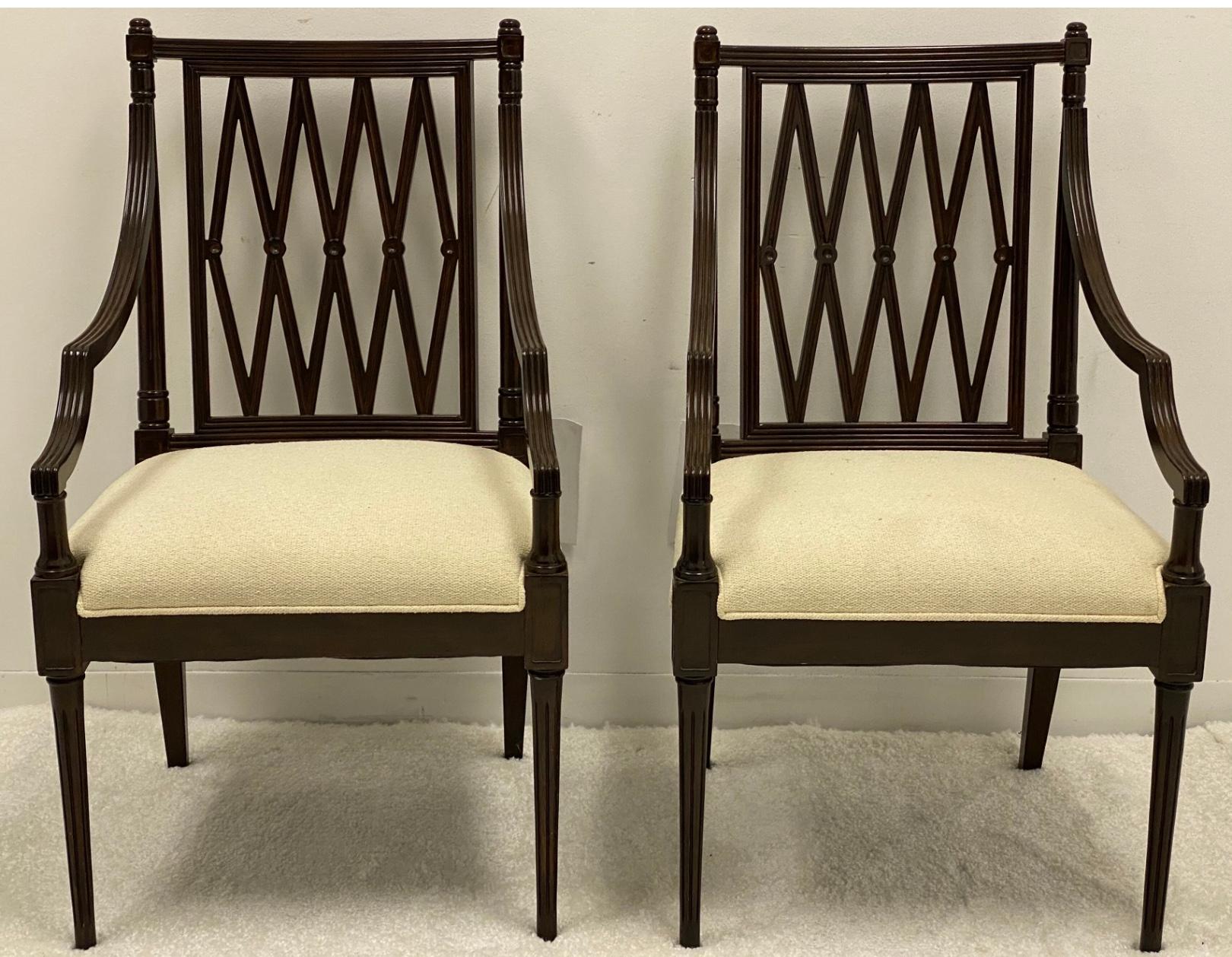 Linen Mid-Century Carved Mahogany Regency Style Arm Chairs, a Pair