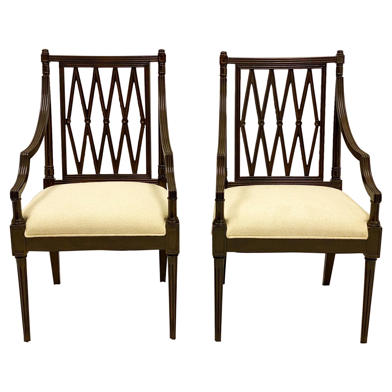 Mid-Century Carved Mahogany Regency Style Arm Chairs, a Pair