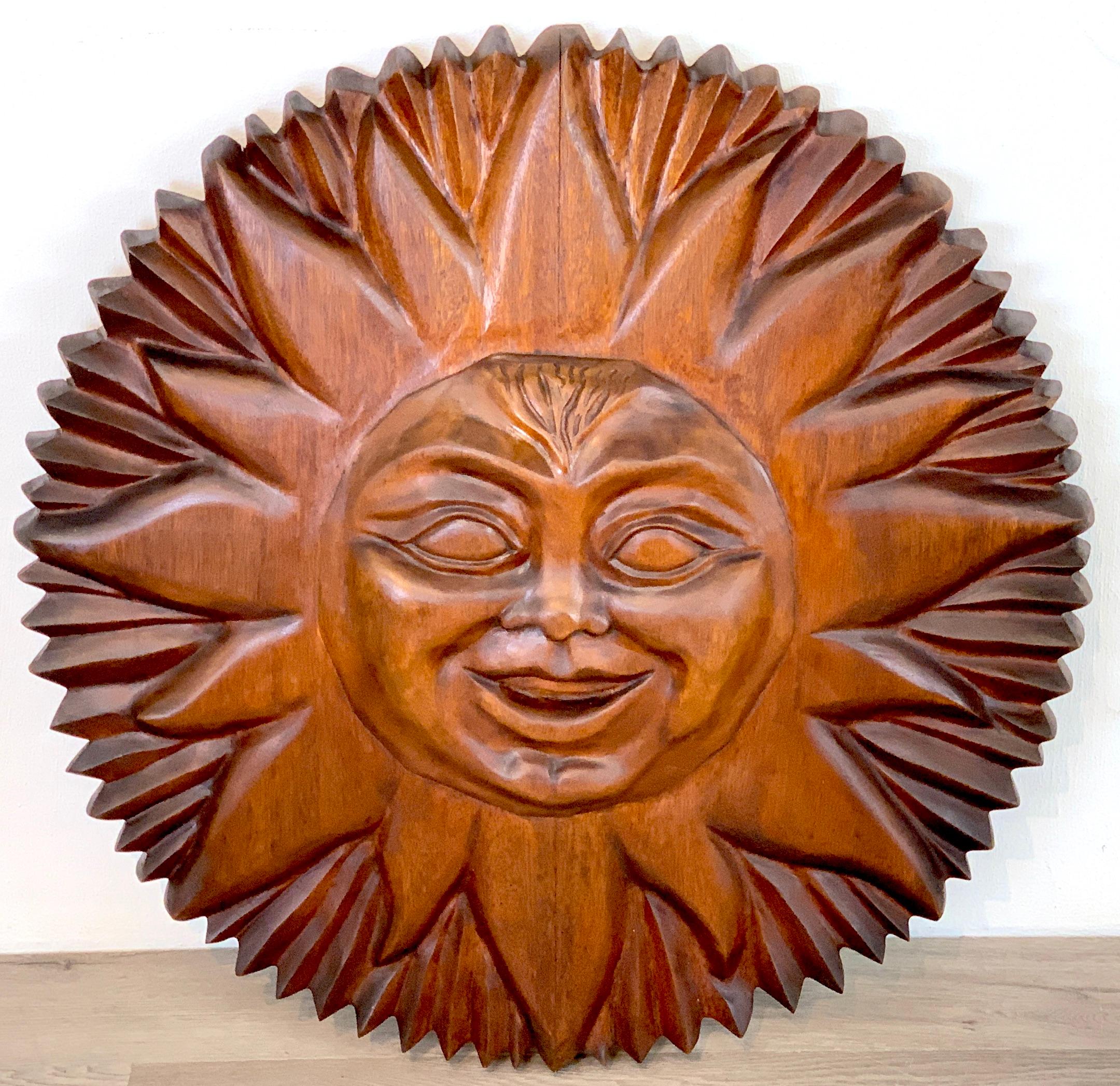Mexican Midcentury Carved Mahogany Sunburst, circa 1960s For Sale