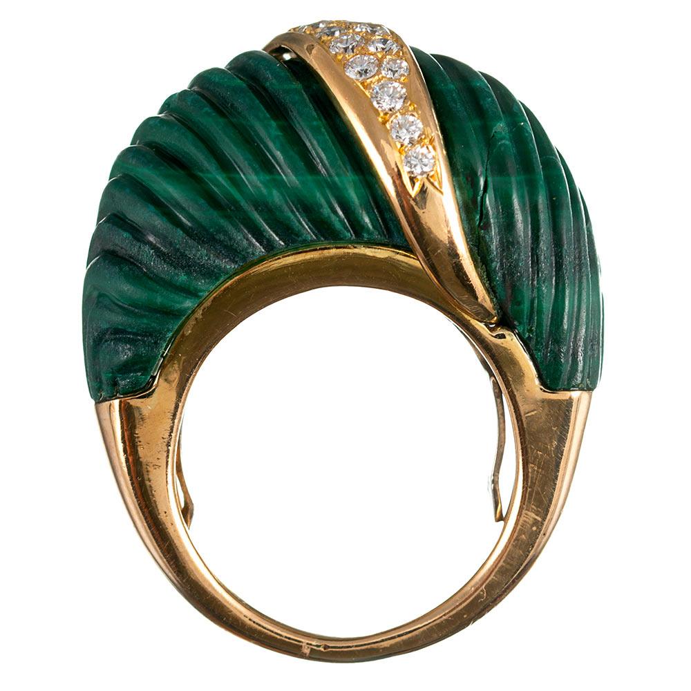Midcentury Carved Malachite and Diamond Ring In Good Condition In Carmel-by-the-Sea, CA