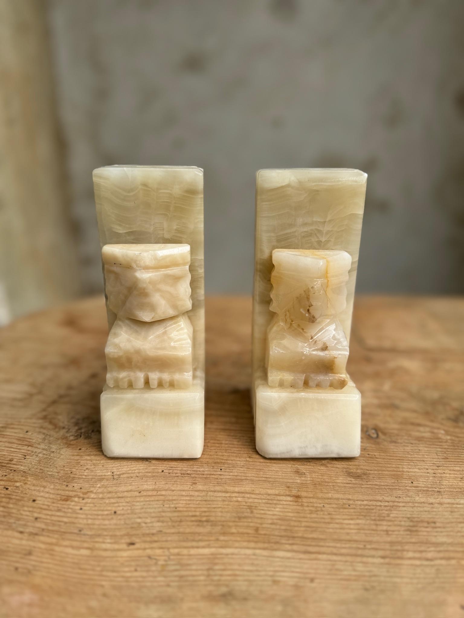 20th Century Mid Century Carved Marble Onyx Stone Aztec Mayan Tribal Bookends For Sale