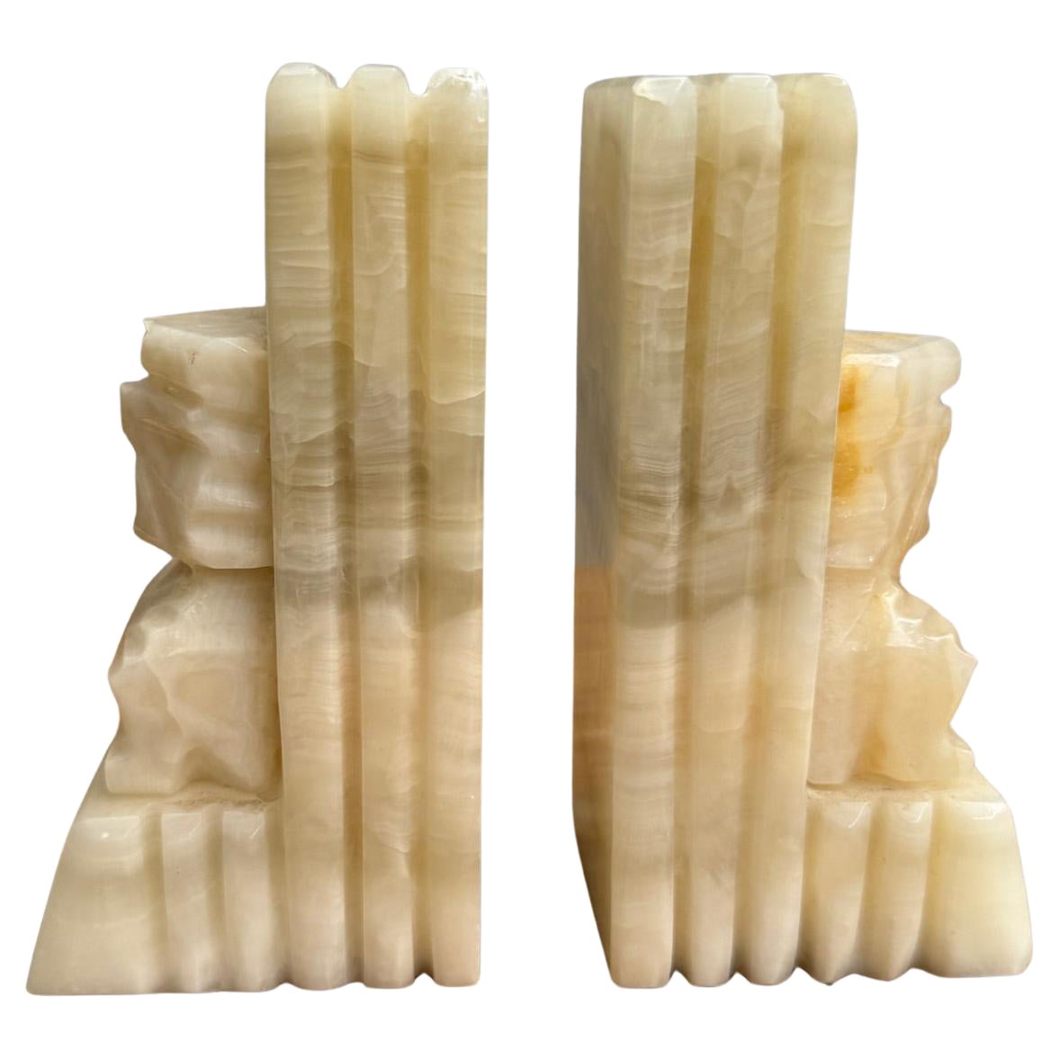 Mid Century Carved Marble Onyx Stone Aztec Mayan Tribal Bookends