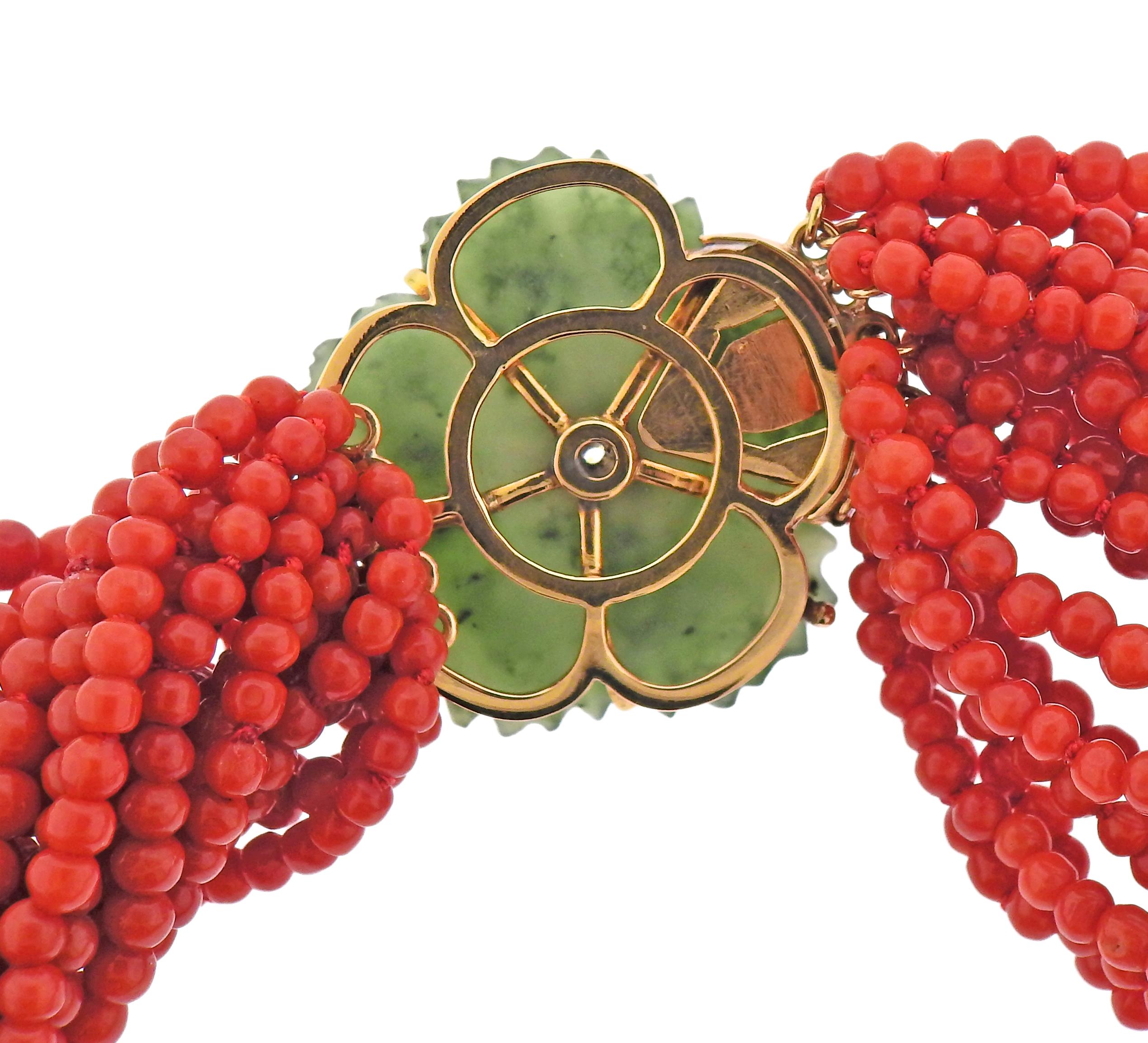 Midcentury Carved Nephrite Coral Ruby Diamond Gold Torsade Necklace In Excellent Condition In Lambertville, NJ