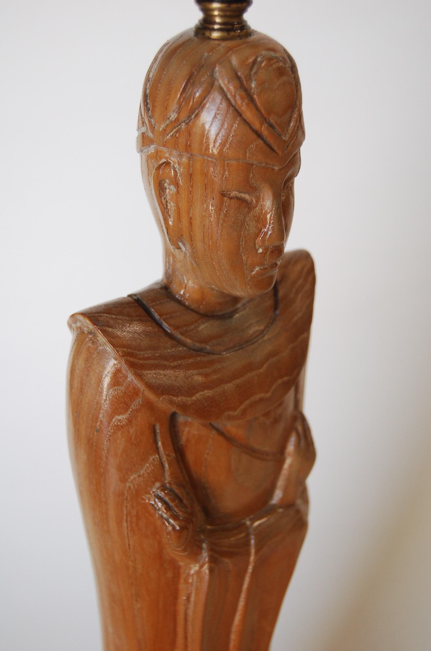 American Midcentury Carved Oak Chinese Monk Wood Figure Lamp For Sale