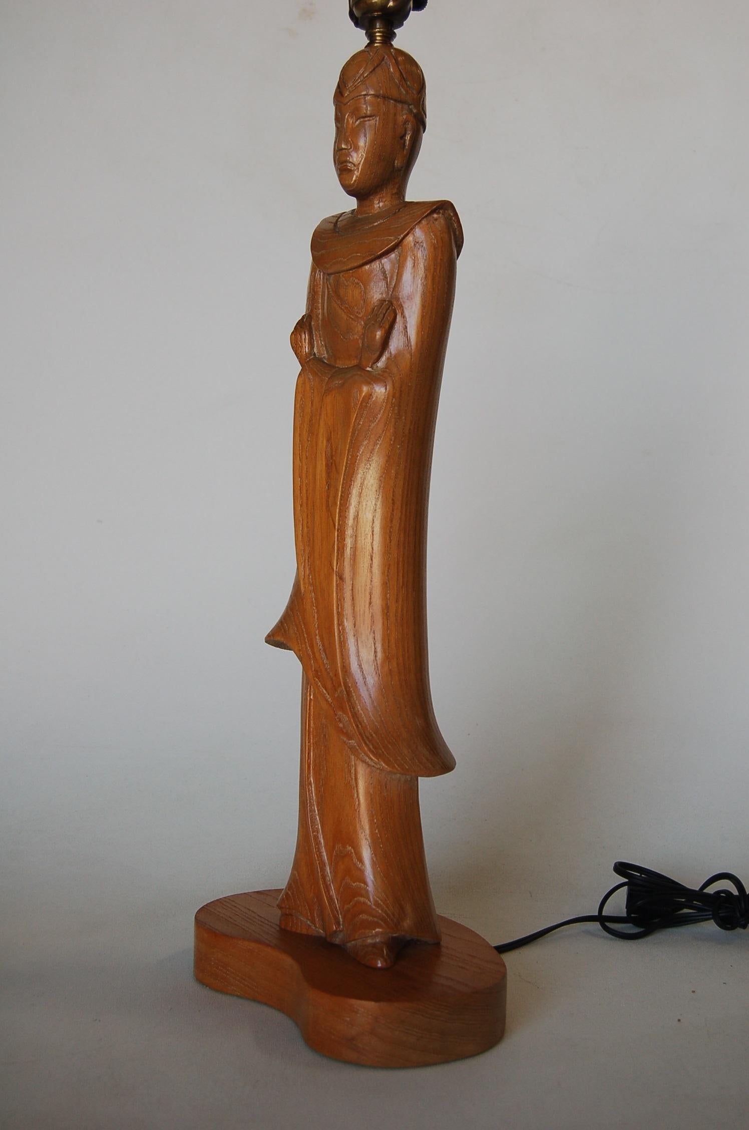 Polished Midcentury Carved Oak Chinese Monk Wood Figure Lamp For Sale