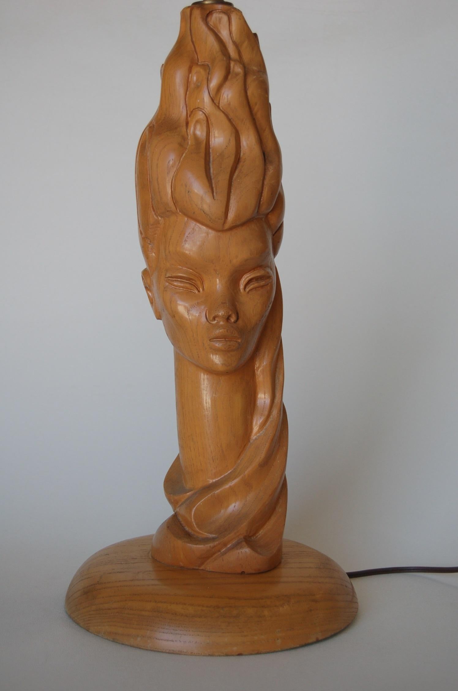Mid-Century Modern Midcentury Carved Oak Modernist Female Bust Table Lamp For Sale