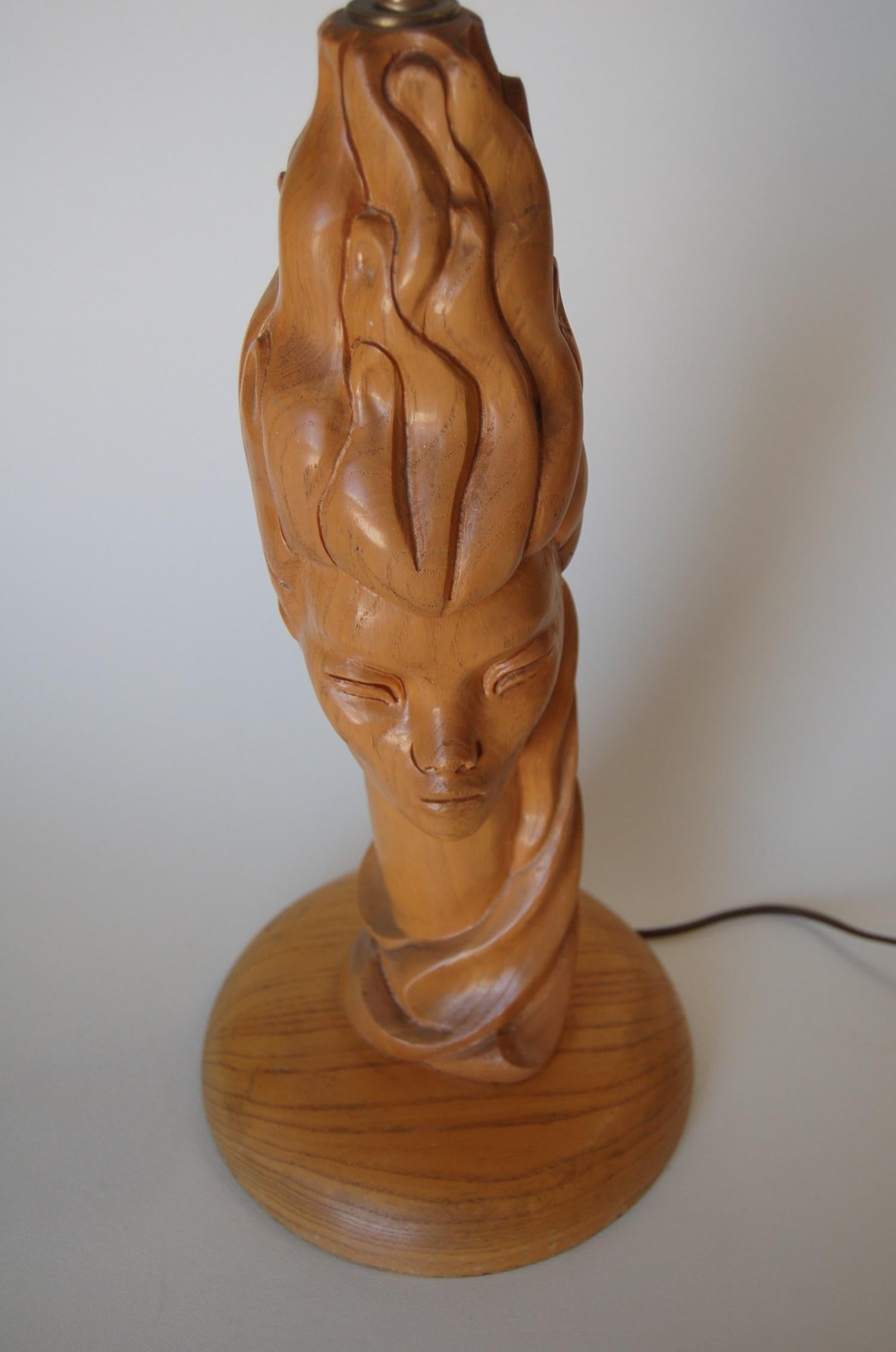 American Midcentury Carved Oak Modernist Female Bust Table Lamp For Sale