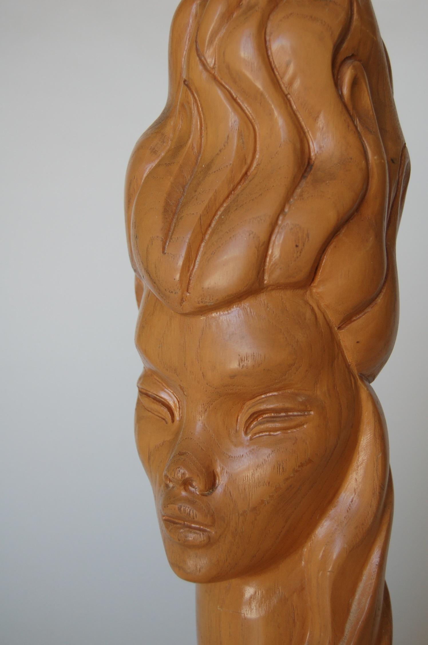 Midcentury Carved Oak Modernist Female Bust Table Lamp In Excellent Condition For Sale In Van Nuys, CA