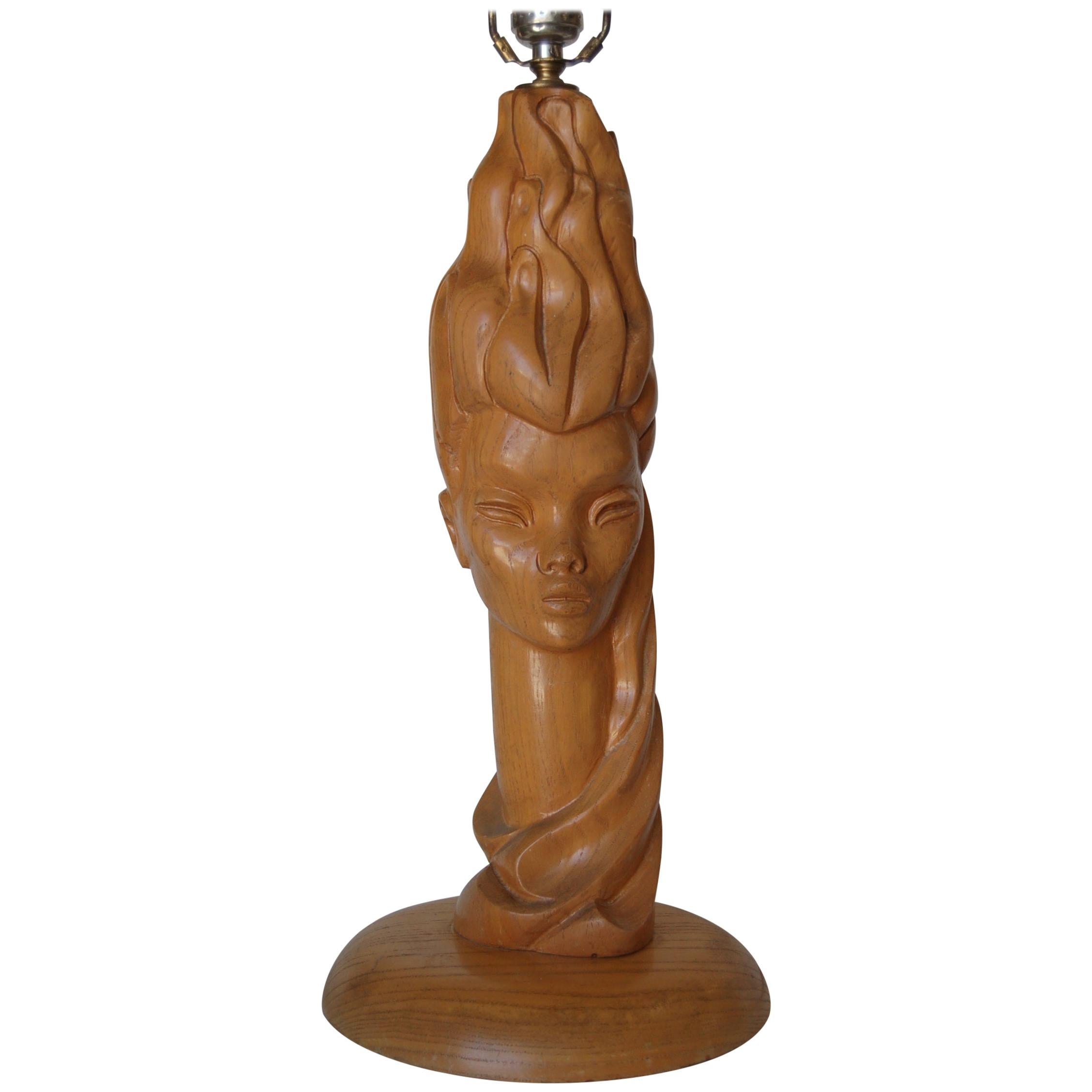 Midcentury Carved Oak Modernist Female Bust Table Lamp For Sale
