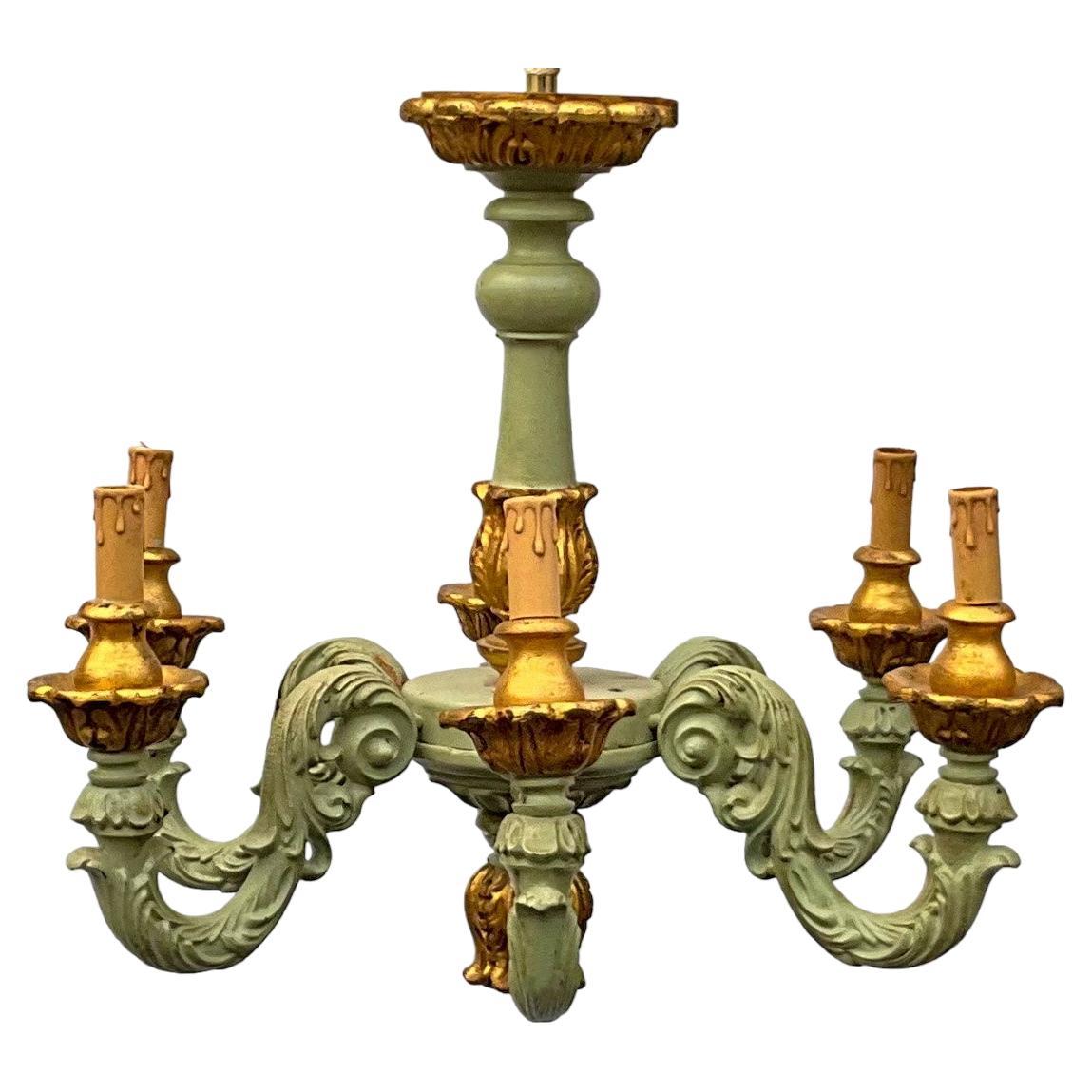 Mid-Century Carved & Painted Rococo Style Italian Chandelier - 6 Arms