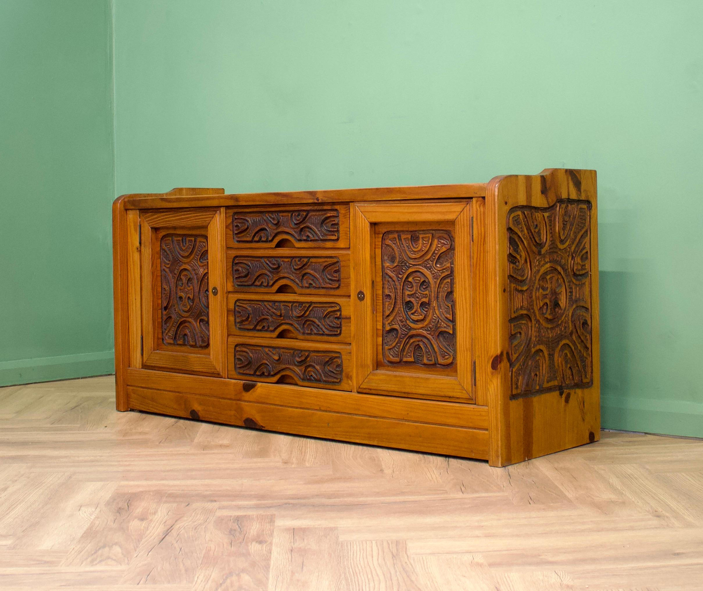 Mid-Century Modern Mid-Century Carved Pine Sideboard, 1970s For Sale