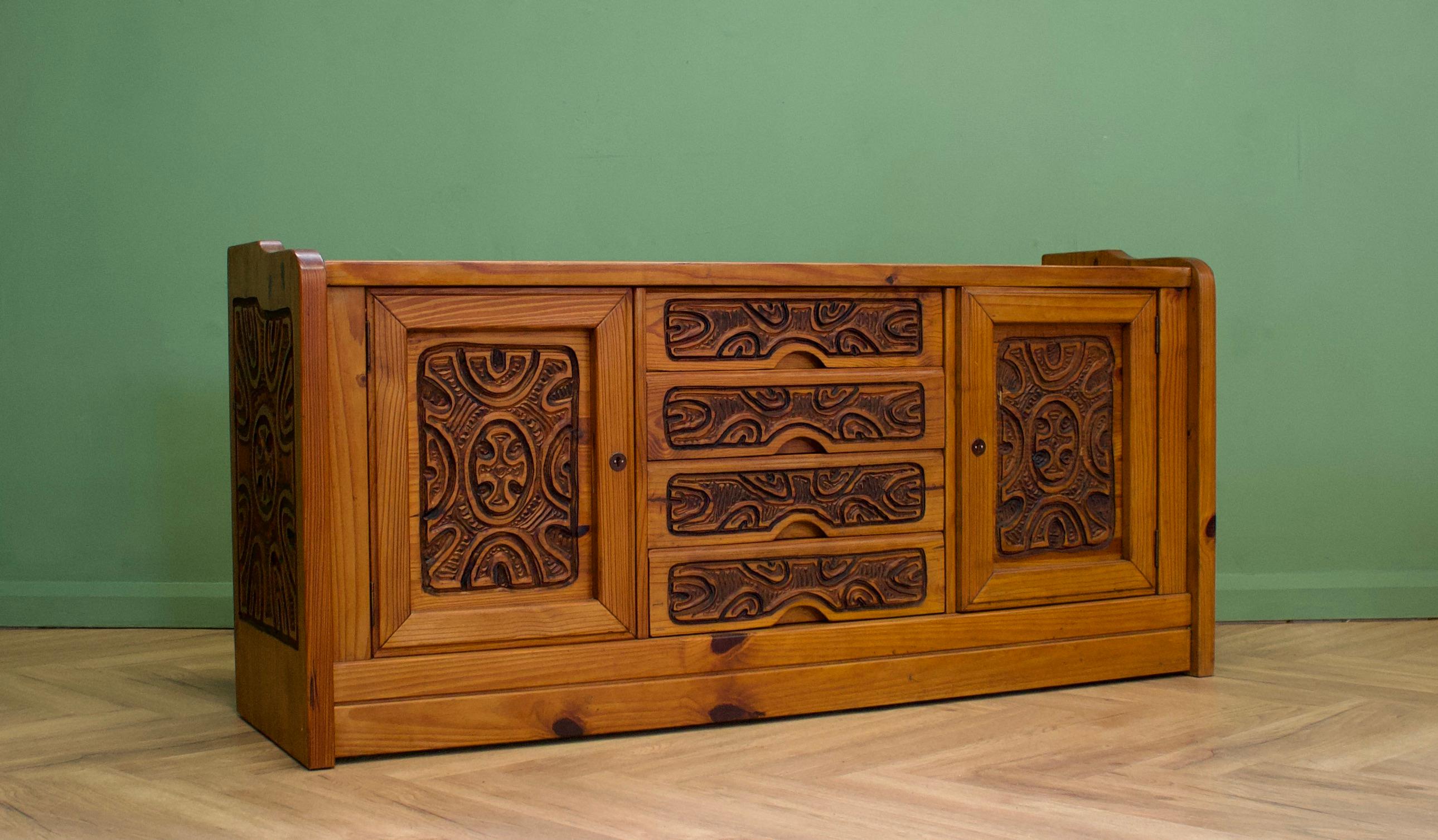 South African Mid-Century Carved Pine Sideboard, 1970s For Sale