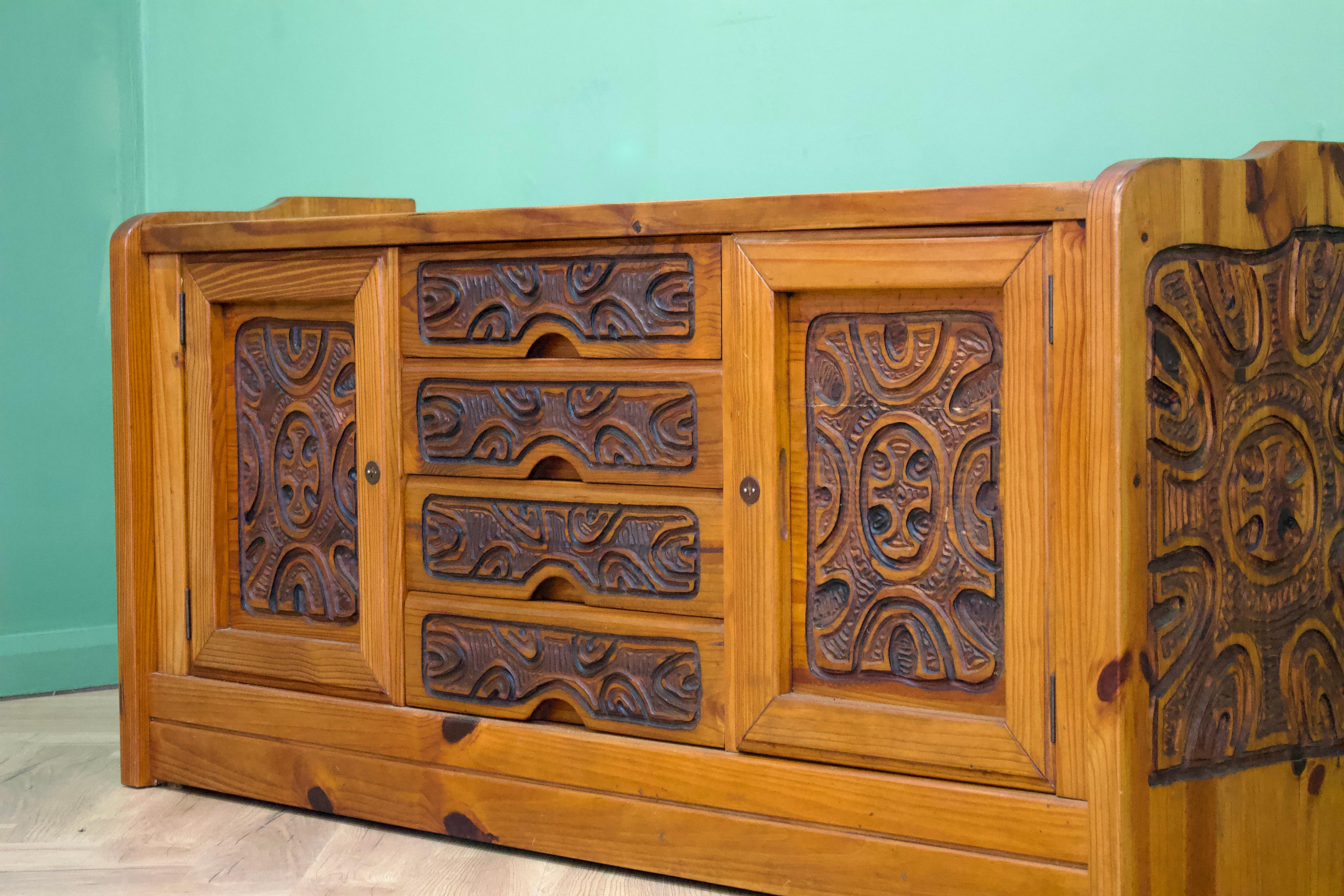 Woodwork Mid-Century Carved Pine Sideboard, 1970s For Sale