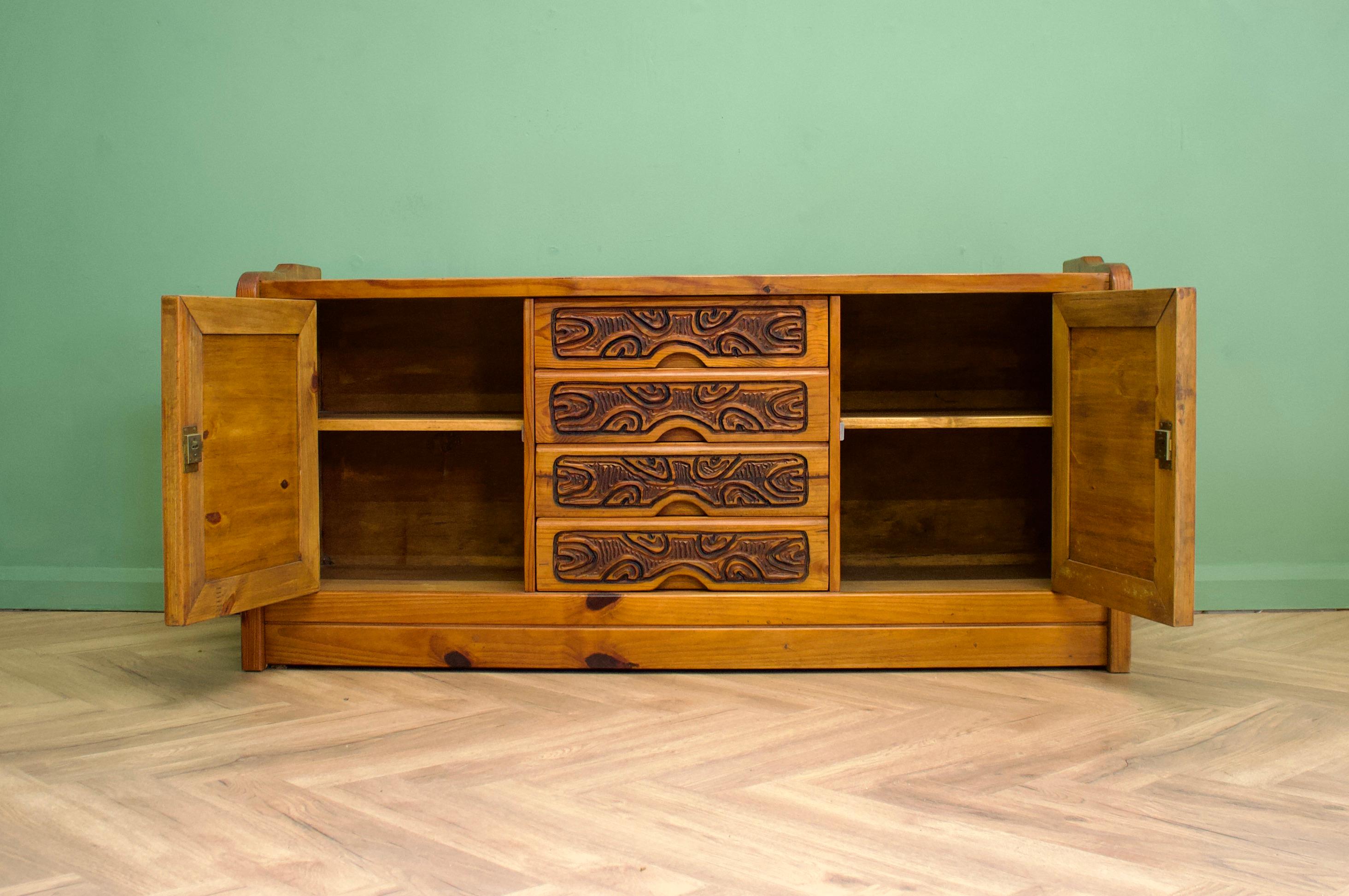 20th Century Mid-Century Carved Pine Sideboard, 1970s For Sale