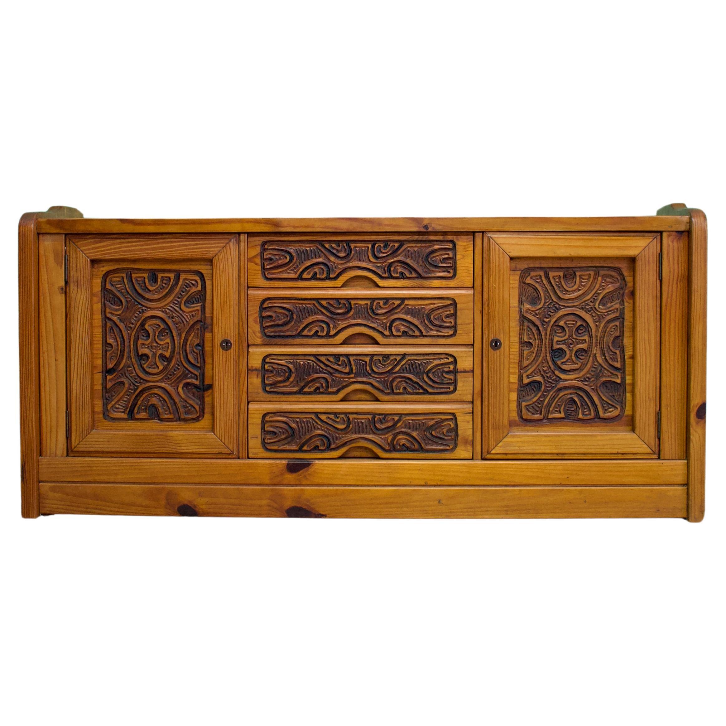 Mid-Century Carved Pine Sideboard, 1970s For Sale