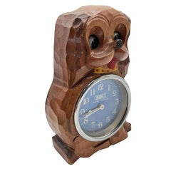 Mid-century Carved "Poppo" Animated Bedside Manual Wind Alarm by Tezuka Clock