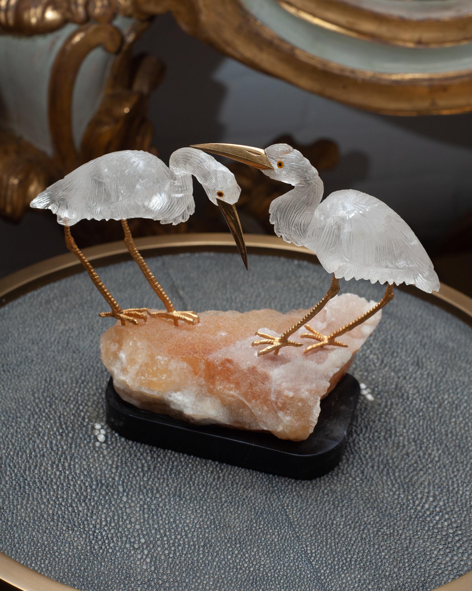 Hand-Carved Mid Century Carved Rock Crystal Crane Pair with Orange Calcite and Marble Base For Sale
