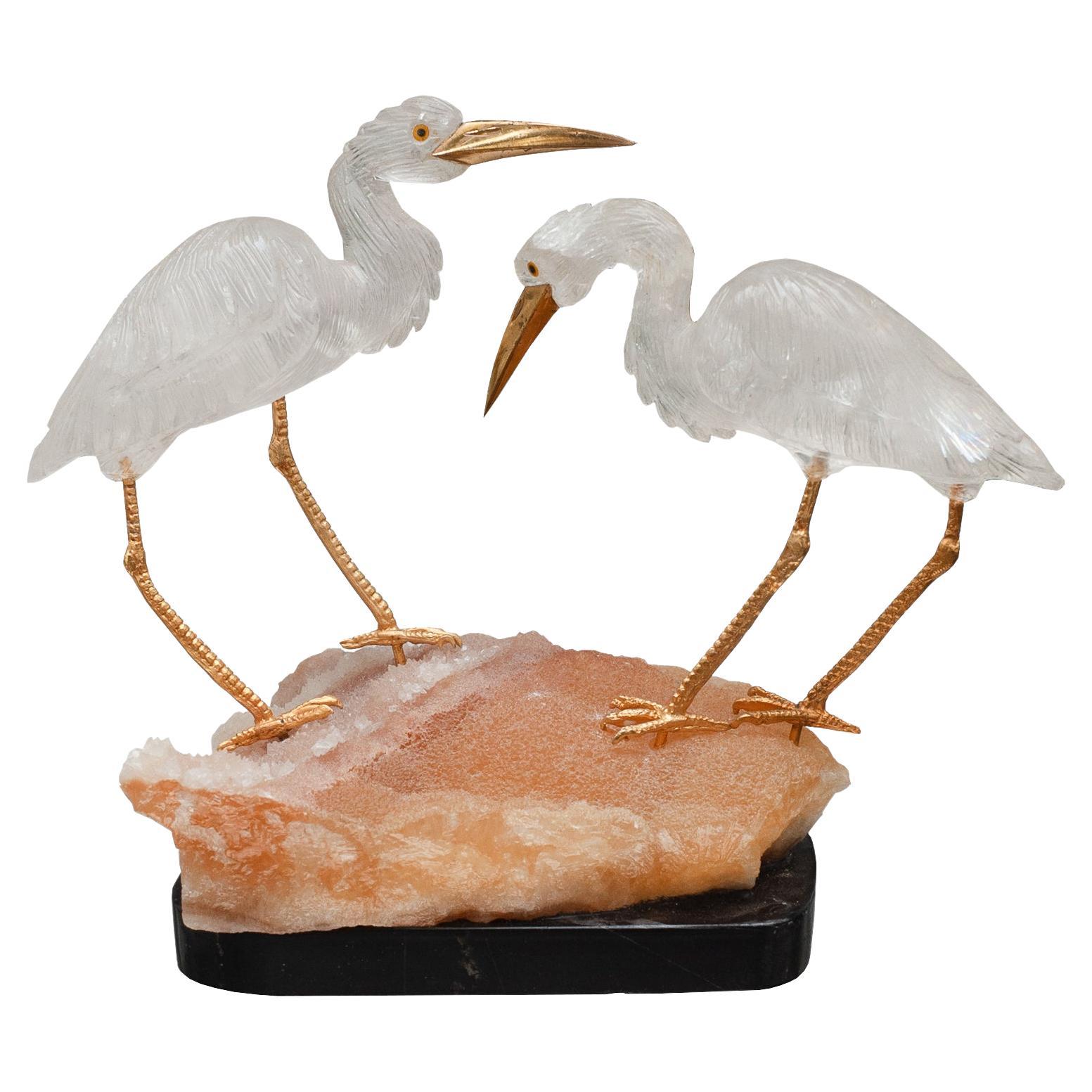 Mid Century Carved Rock Crystal Crane Pair with Orange Calcite and Marble Base For Sale