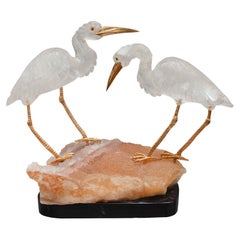 Mid Century Carved Rock Crystal Crane Pair with Orange Calcite and Marble Base