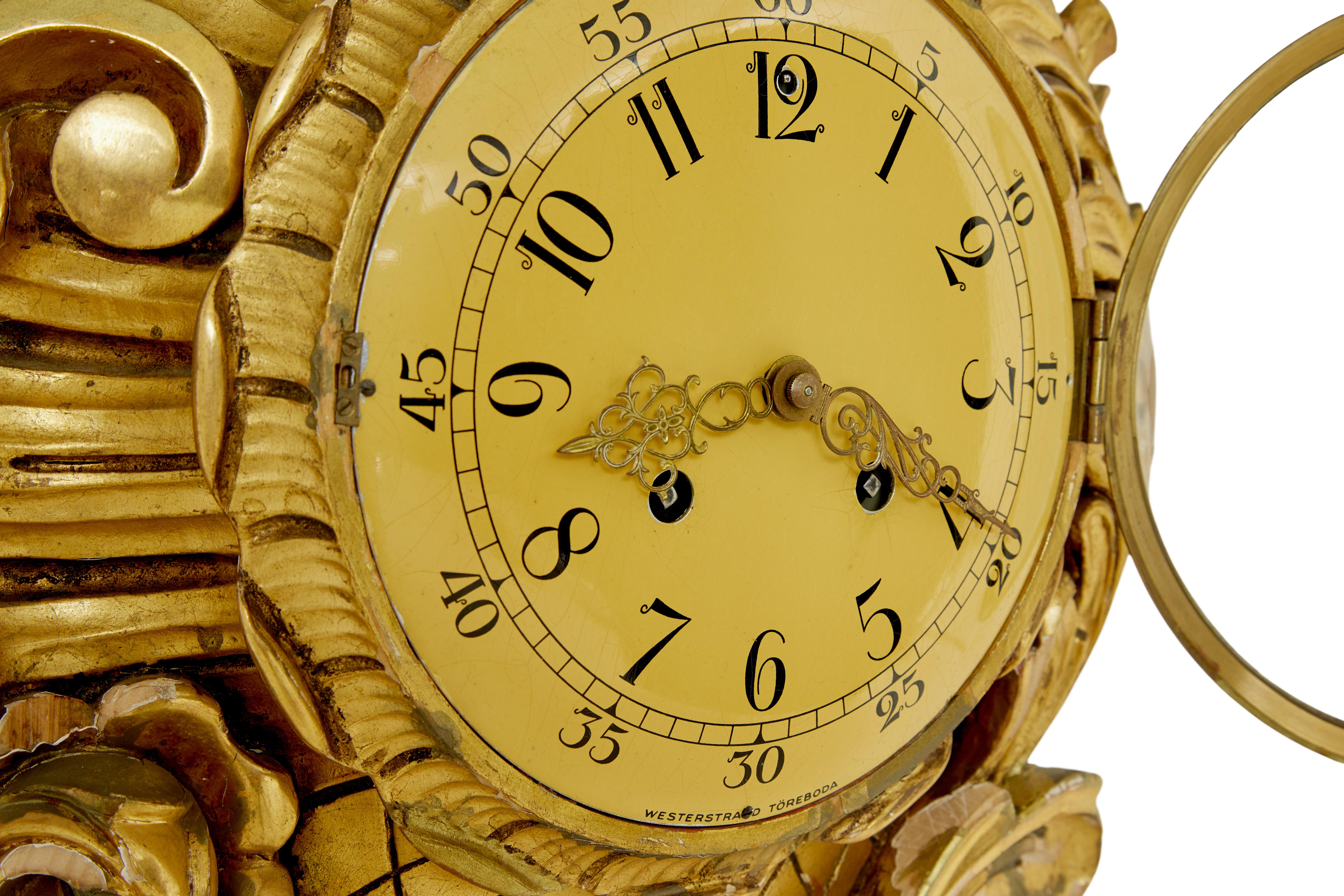 Hand-Carved Mid century carved rococo revival gilt clock by Westerstrand For Sale