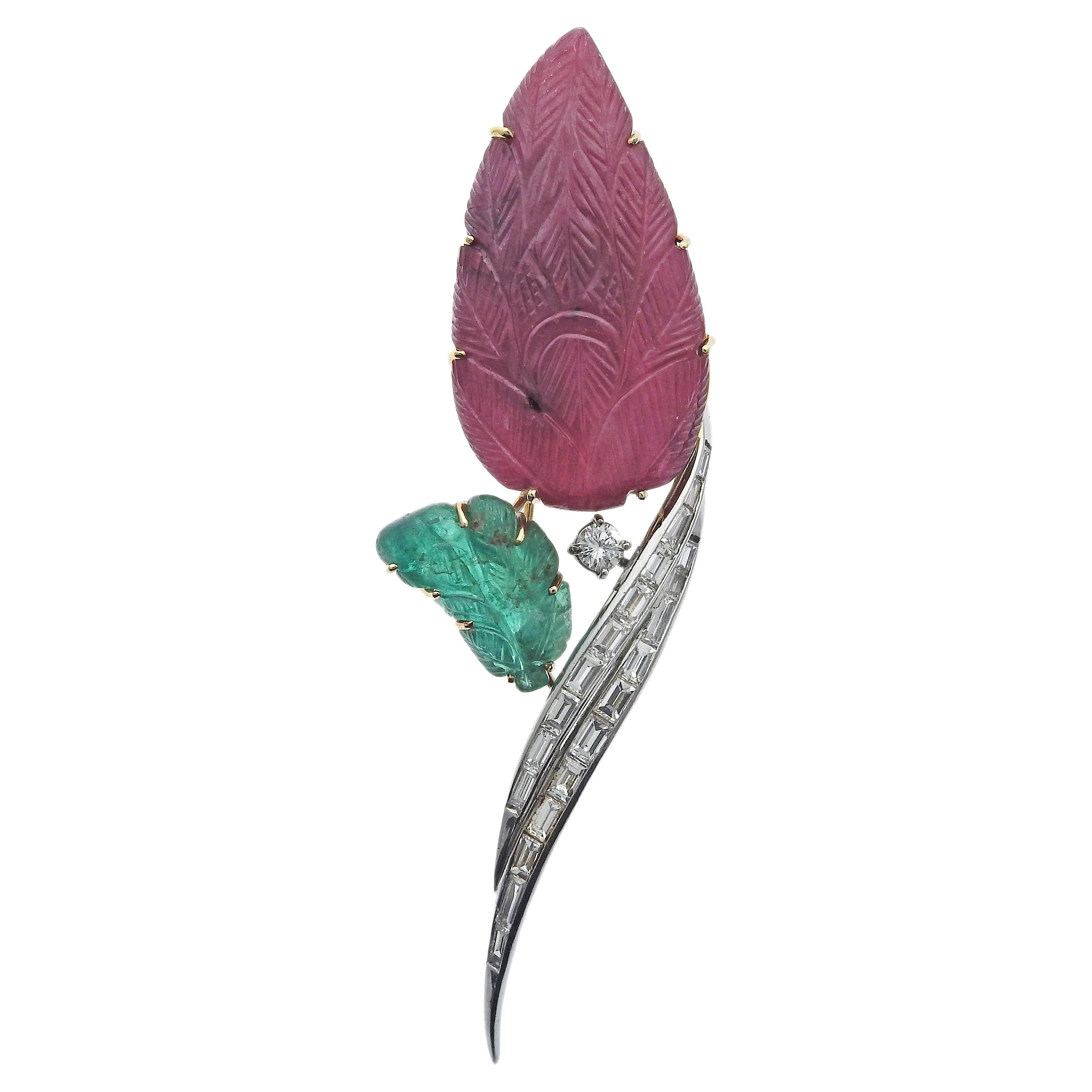 Midcentury Carved Ruby Diamond Emerald Gold Brooch Pin For Sale