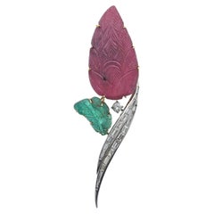 Midcentury Carved Ruby Diamond Emerald Gold Brooch Pin