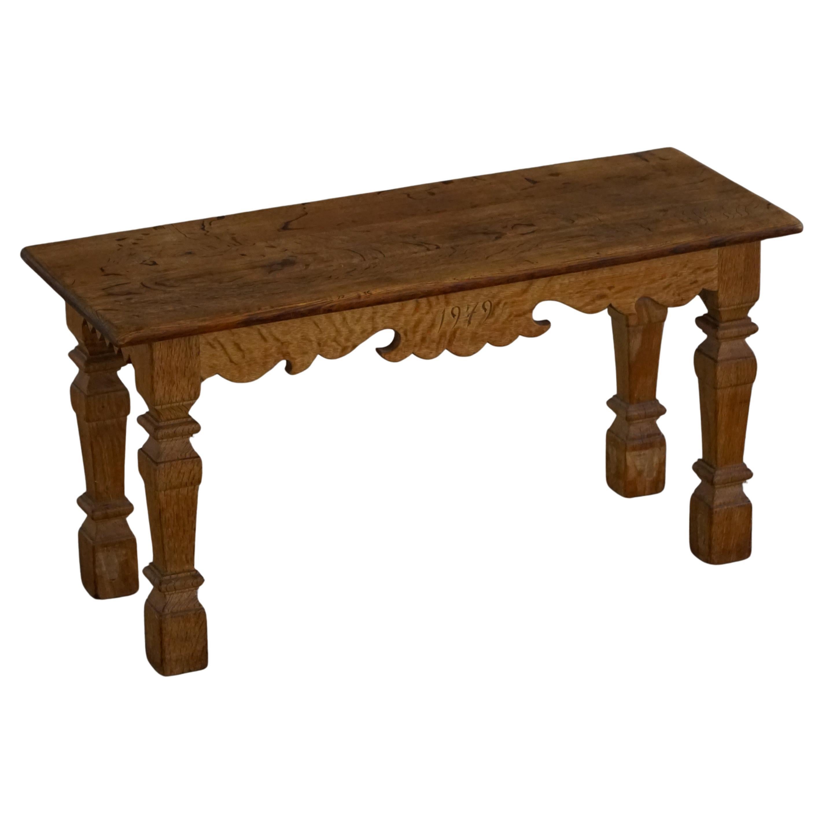 Mid Century Carved Solid Oak Side Table / Bench by a Danish Cabinetmaker, 1979 For Sale