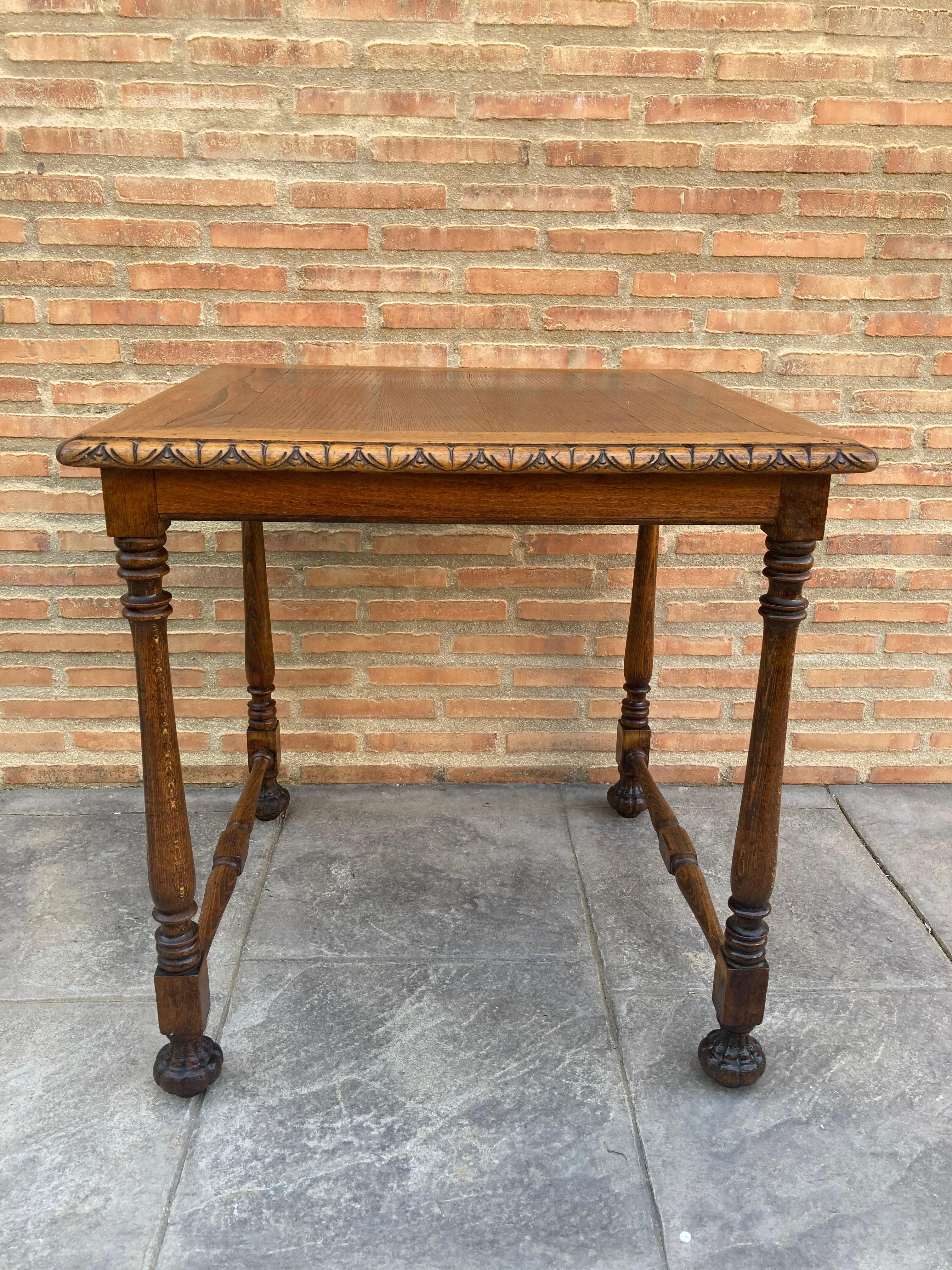 Spanish Mid Century Carved Square Walnut Side Table Louis Philippe Style For Sale
